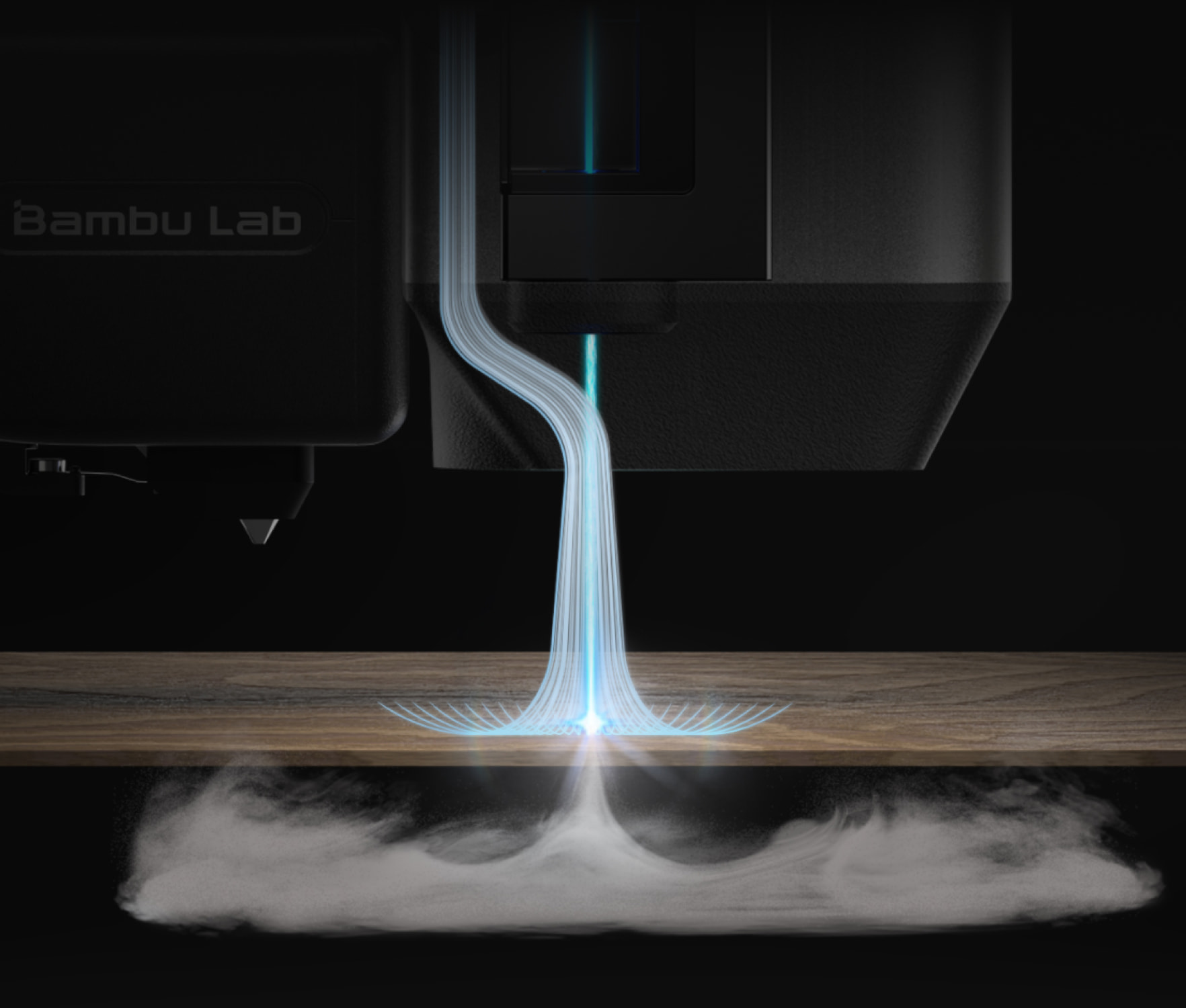 Bambu Lab H2D laser module in action — precision blue-beam engraving on wood with motion path overlay and smoke, pure black background