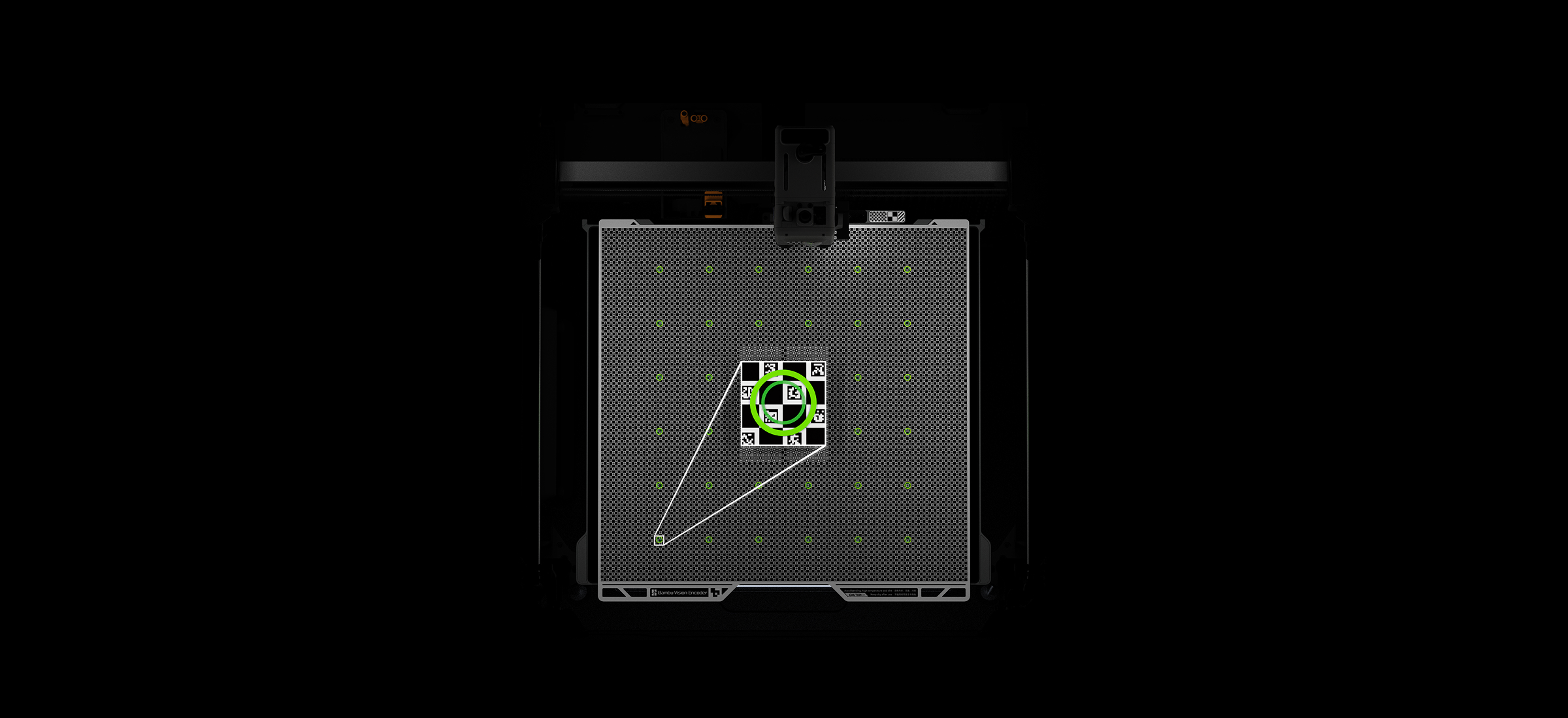H2S precision calibration — top-down view of the build plate with 49-point auto-calibration grid and toolhead positioning for sub-50µm motion accuracy