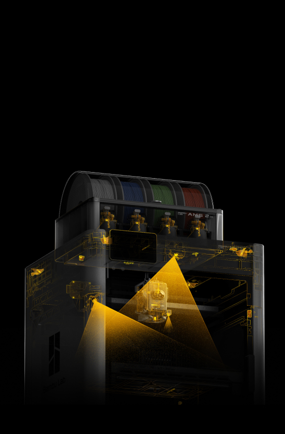 Bambu Lab H2S AI monitoring — x-ray cutaway of H2S and AMS 2 with golden camera beams scanning the build plate, sensors and internal camera path illuminated on pure black background