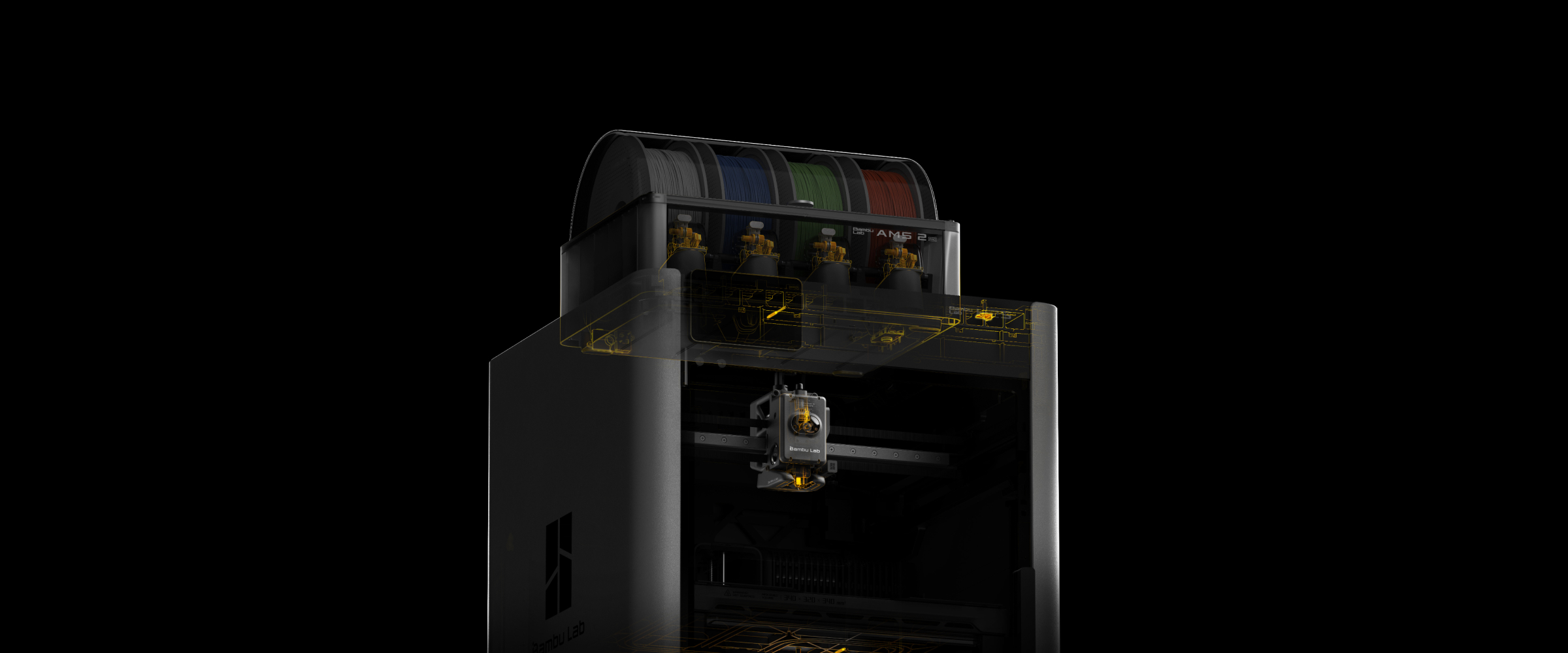 Bambu Lab H2S thermal architecture — x-ray reveal of DynaSense toolhead assembly and AMS 2 filament path with golden circuit overlay on the motion system