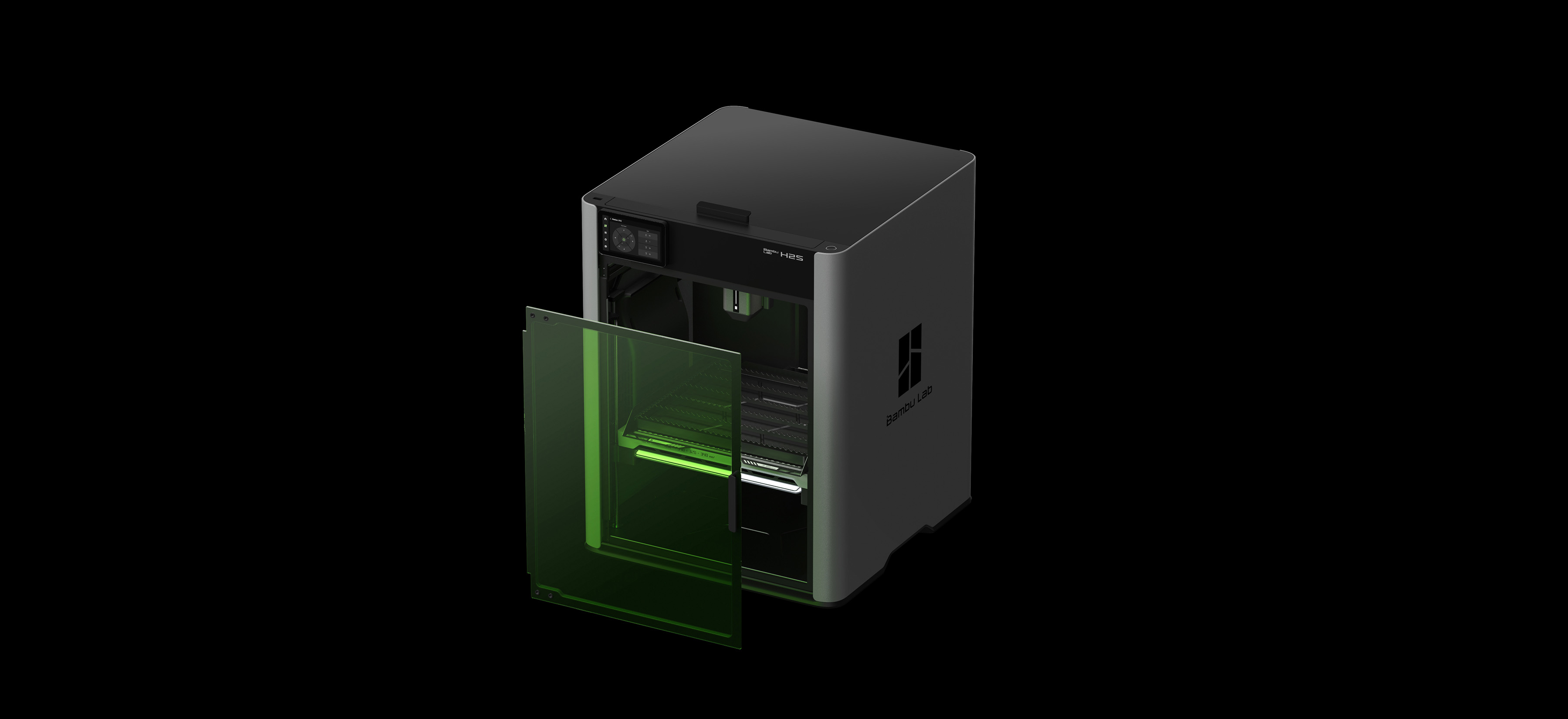 Bambu Lab H2S — 3/4 angle with laser chamber green glow