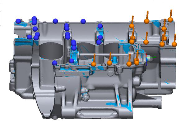 Engine-block inspection in Geomagic Control X -- color-mapped deviation with measurement probe callouts