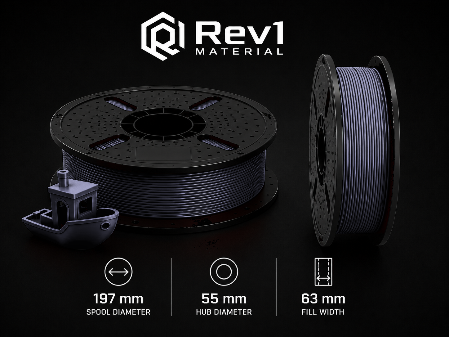 Rev1 PETG 3D printing filament spool in black