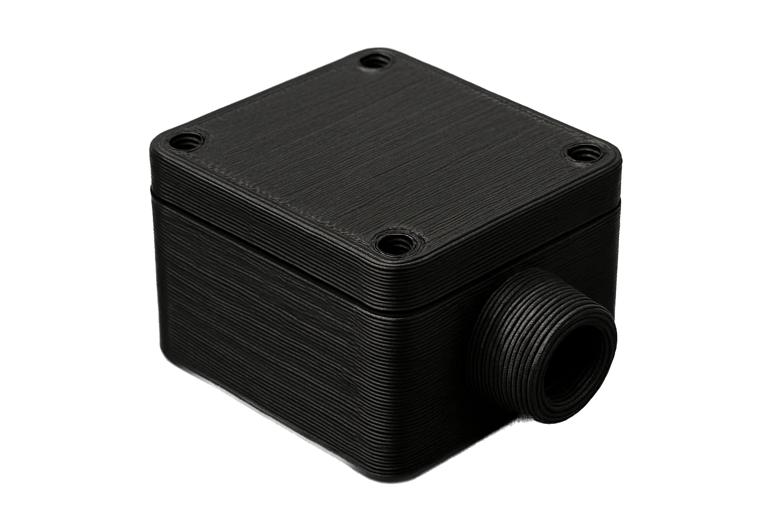 An electronics enclosure 3D-printed in black Rev1 ABS