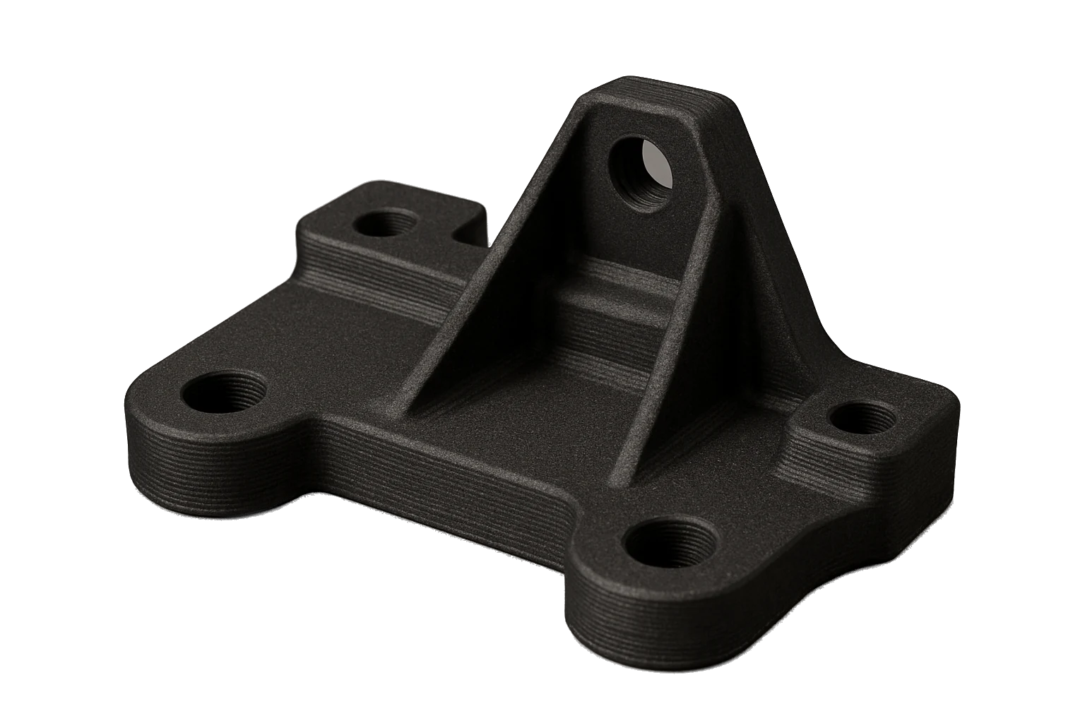 An automotive under-hood structural mounting bracket 3D-printed in matte-black carbon-fiber Rev1 ABS-CF