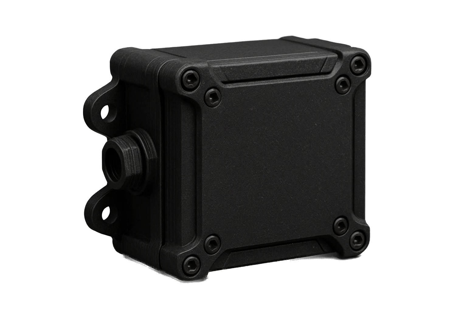 A rugged sealed electronics enclosure 3D-printed in matte-black carbon-fiber Rev1 ABS-CF