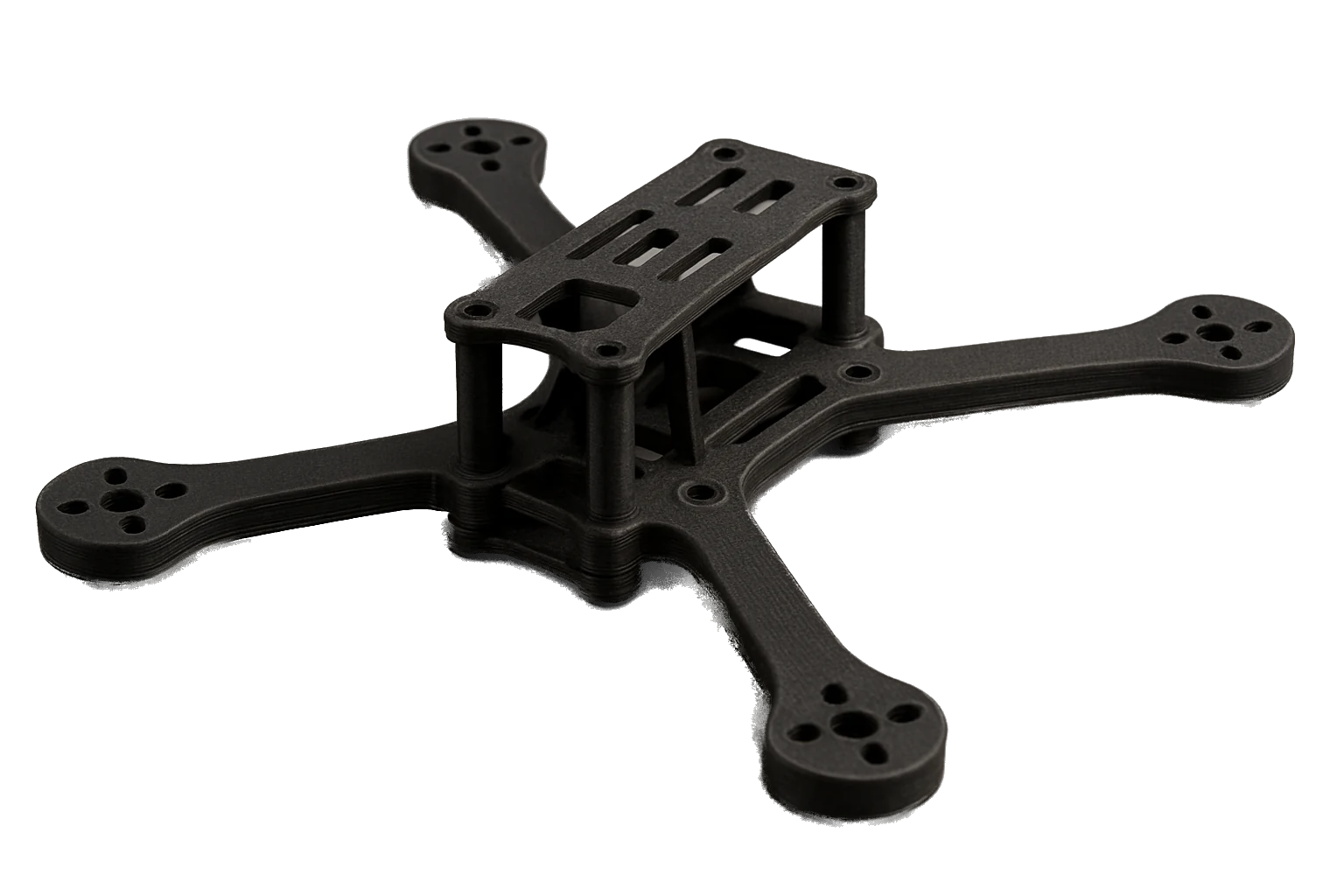 A structural drone / UAV quadcopter frame 3D-printed in matte-black carbon-fiber Rev1 ABS-CF