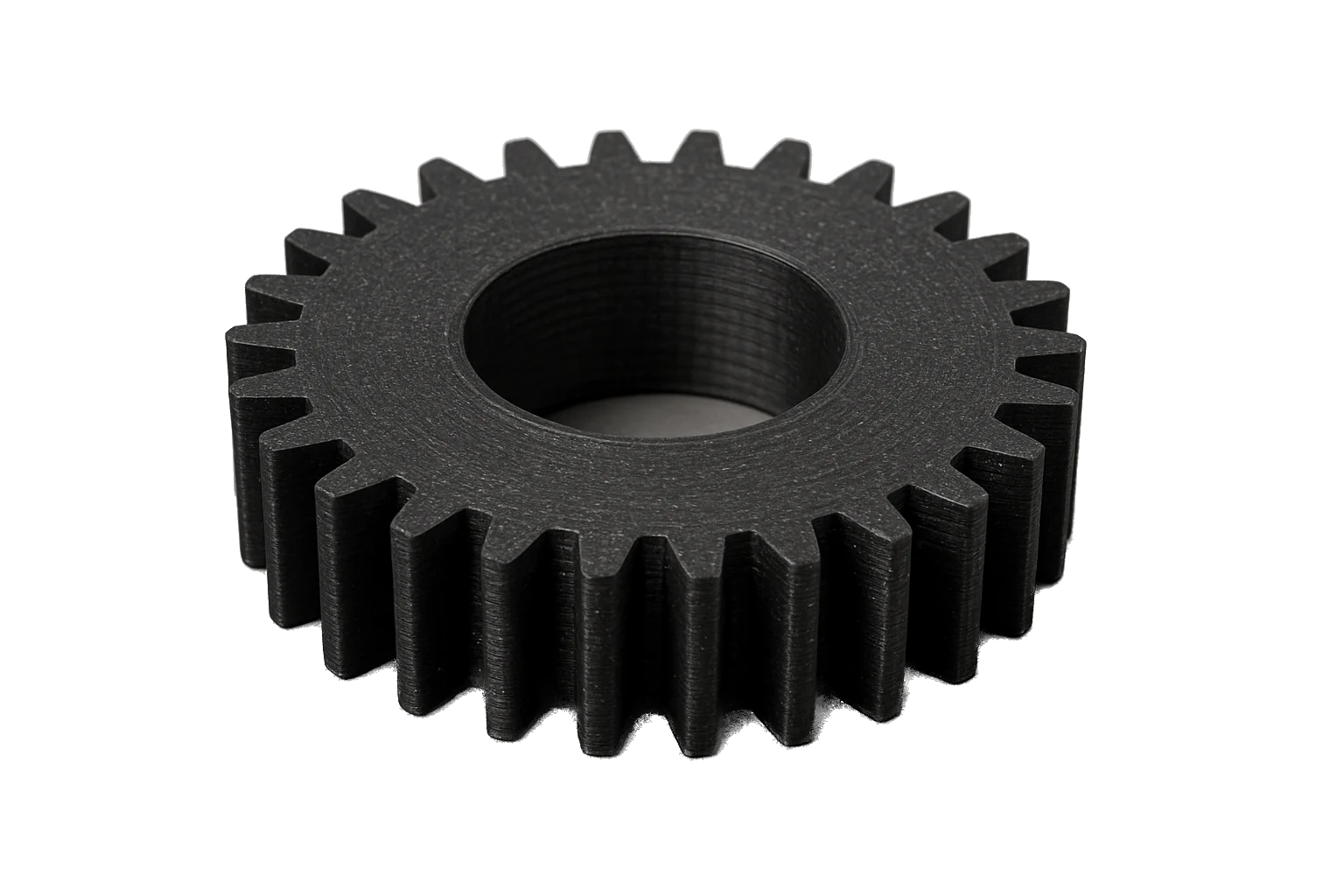 A stiff structural spur gear 3D-printed in matte-black carbon-fiber Rev1 ABS-CF