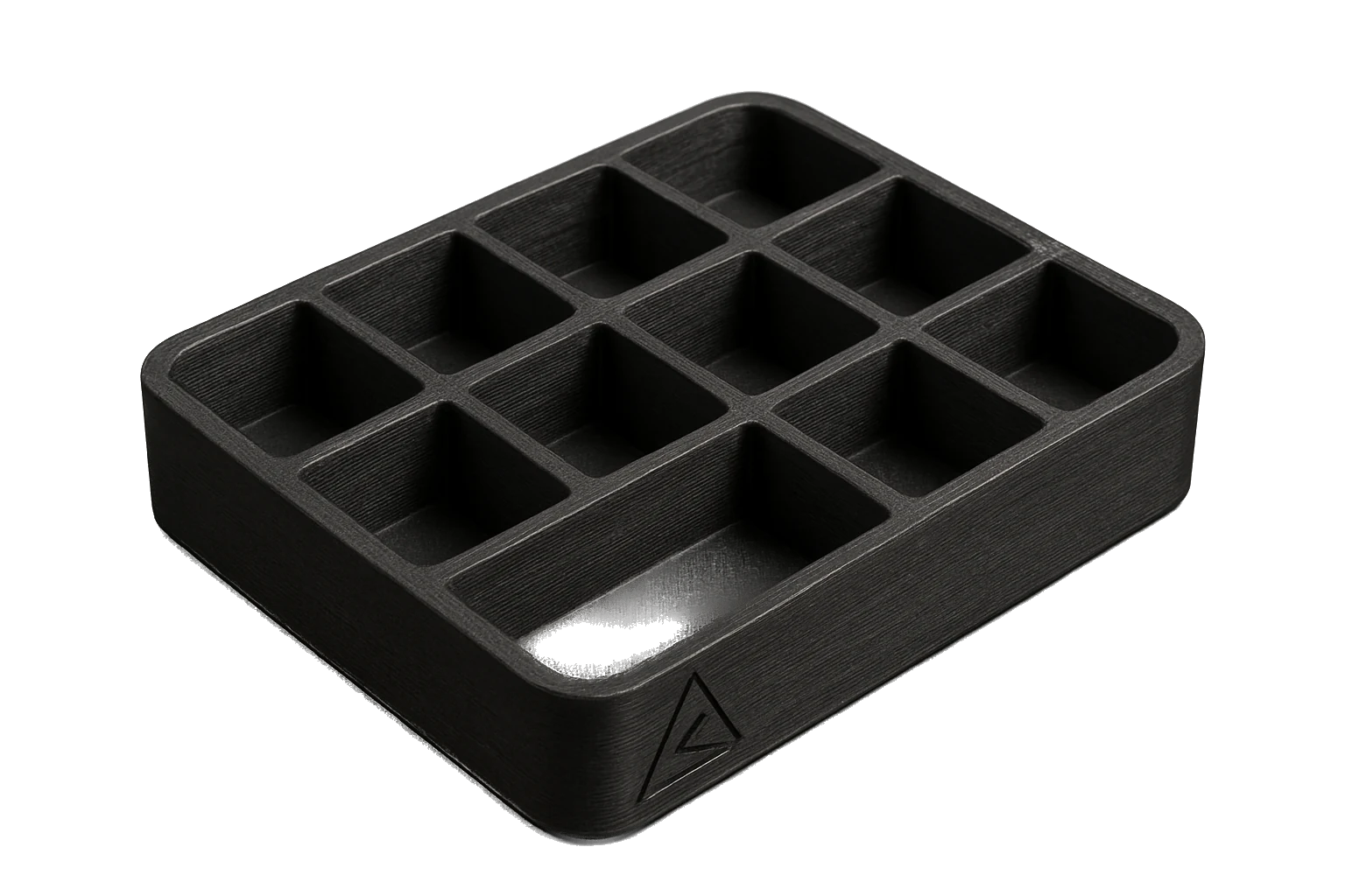 A static-dissipative electronic-component storage tray 3D-printed in matte Conductive Black Rev1 ABS Conductive