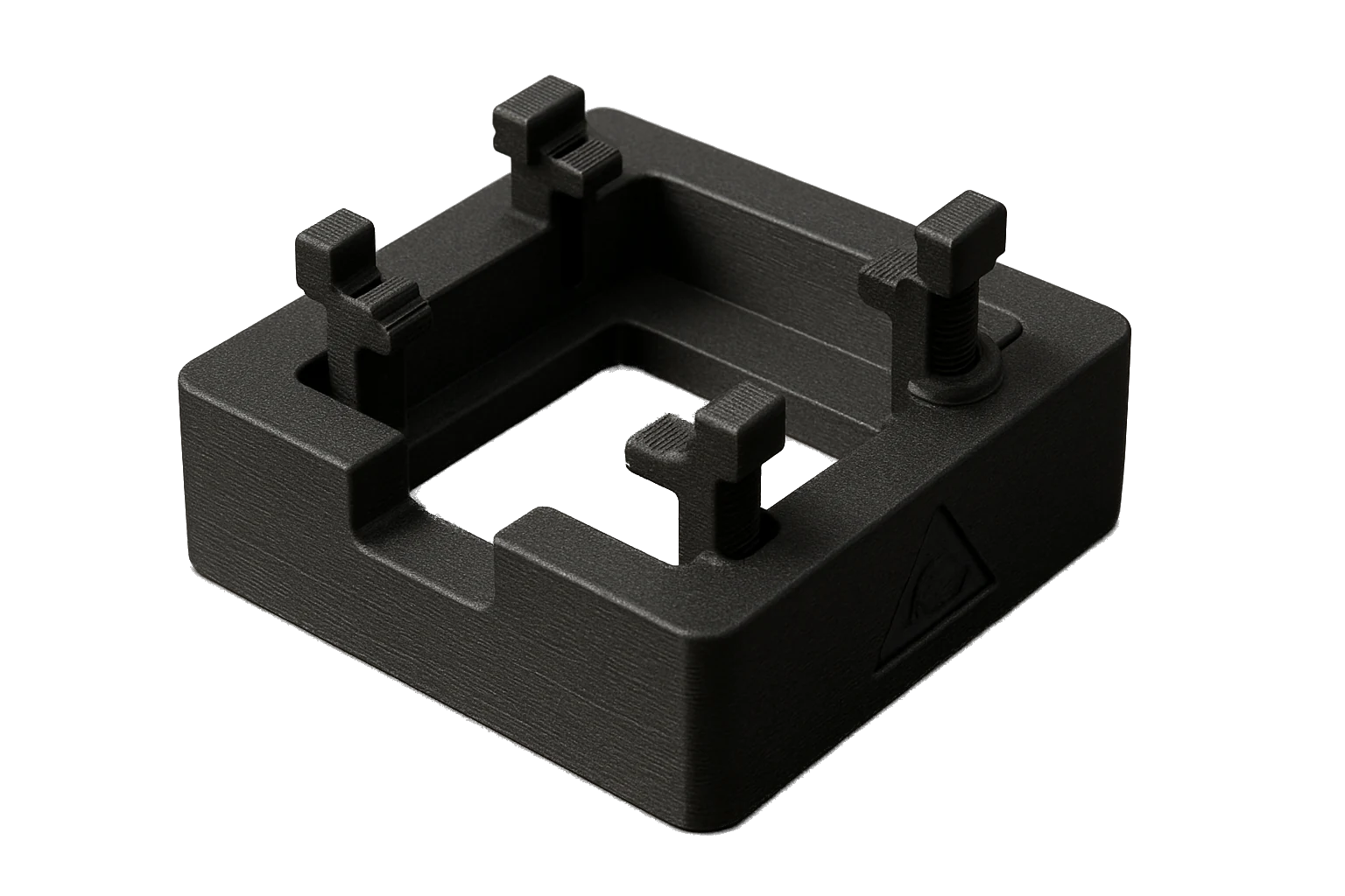 An ESD-safe component-handling assembly jig 3D-printed in matte Conductive Black Rev1 ABS Conductive
