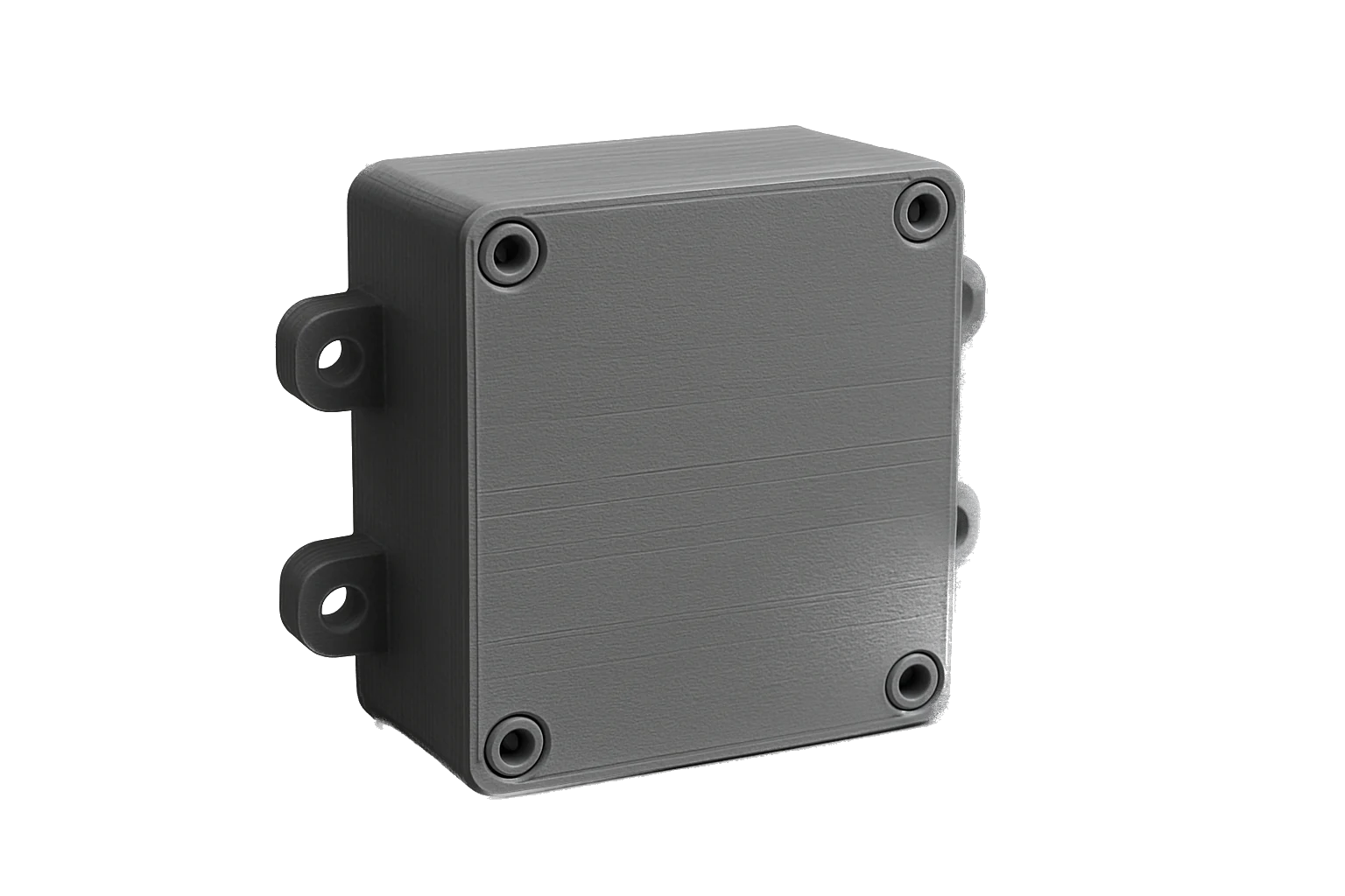 A grey electrical junction box enclosure 3D-printed in Rev1 ABS Fireproof flame-retardant filament