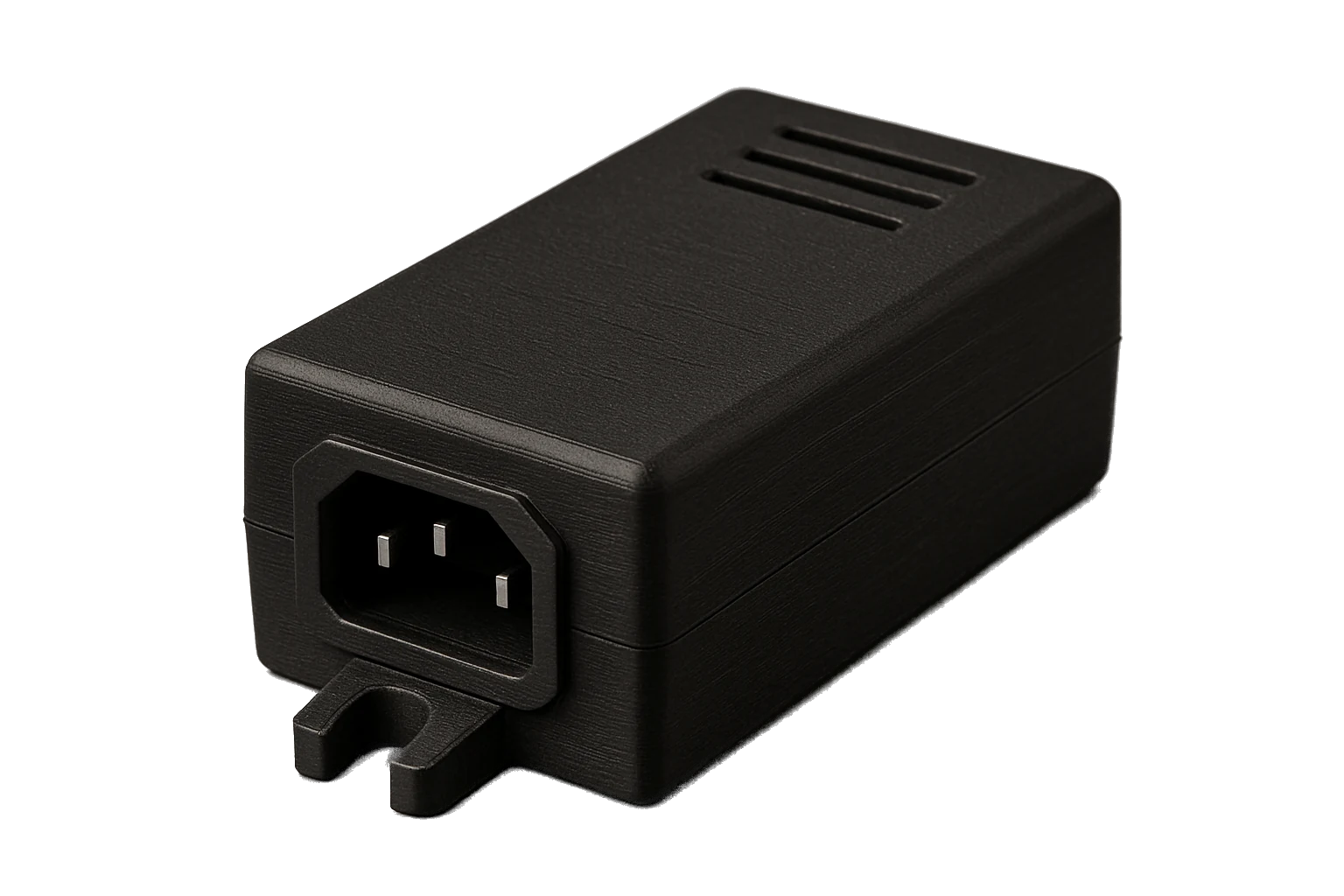 A black electronics power-supply housing 3D-printed in Rev1 ABS Fireproof flame-retardant filament