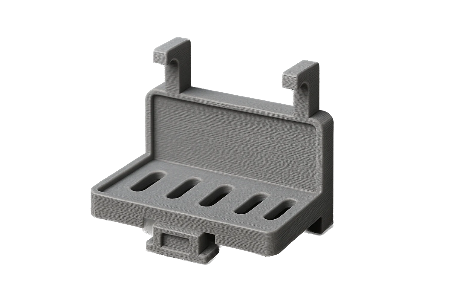 A grey DIN-rail electrical mounting bracket 3D-printed in Rev1 ABS Fireproof flame-retardant filament