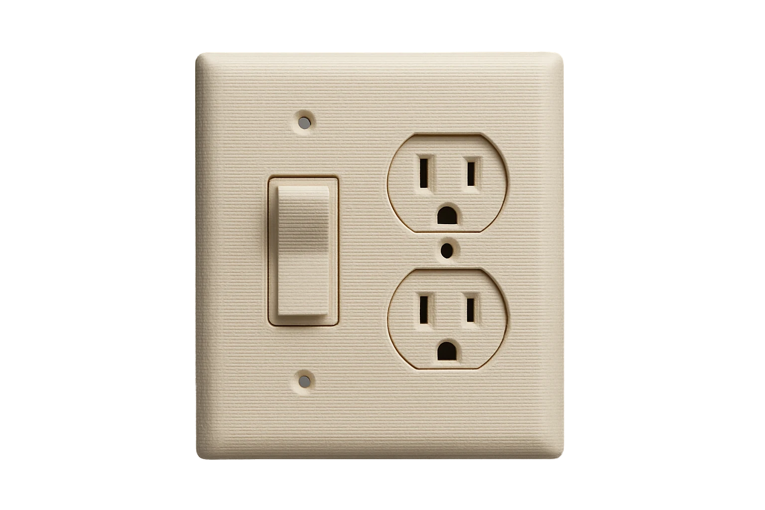 An off-white wall switch and outlet faceplate 3D-printed in Rev1 ABS Fireproof flame-retardant filament