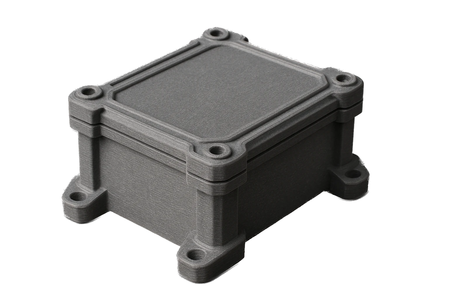 A rugged sealed electronics enclosure 3D-printed in grey glass-fiber Rev1 ABS-GF