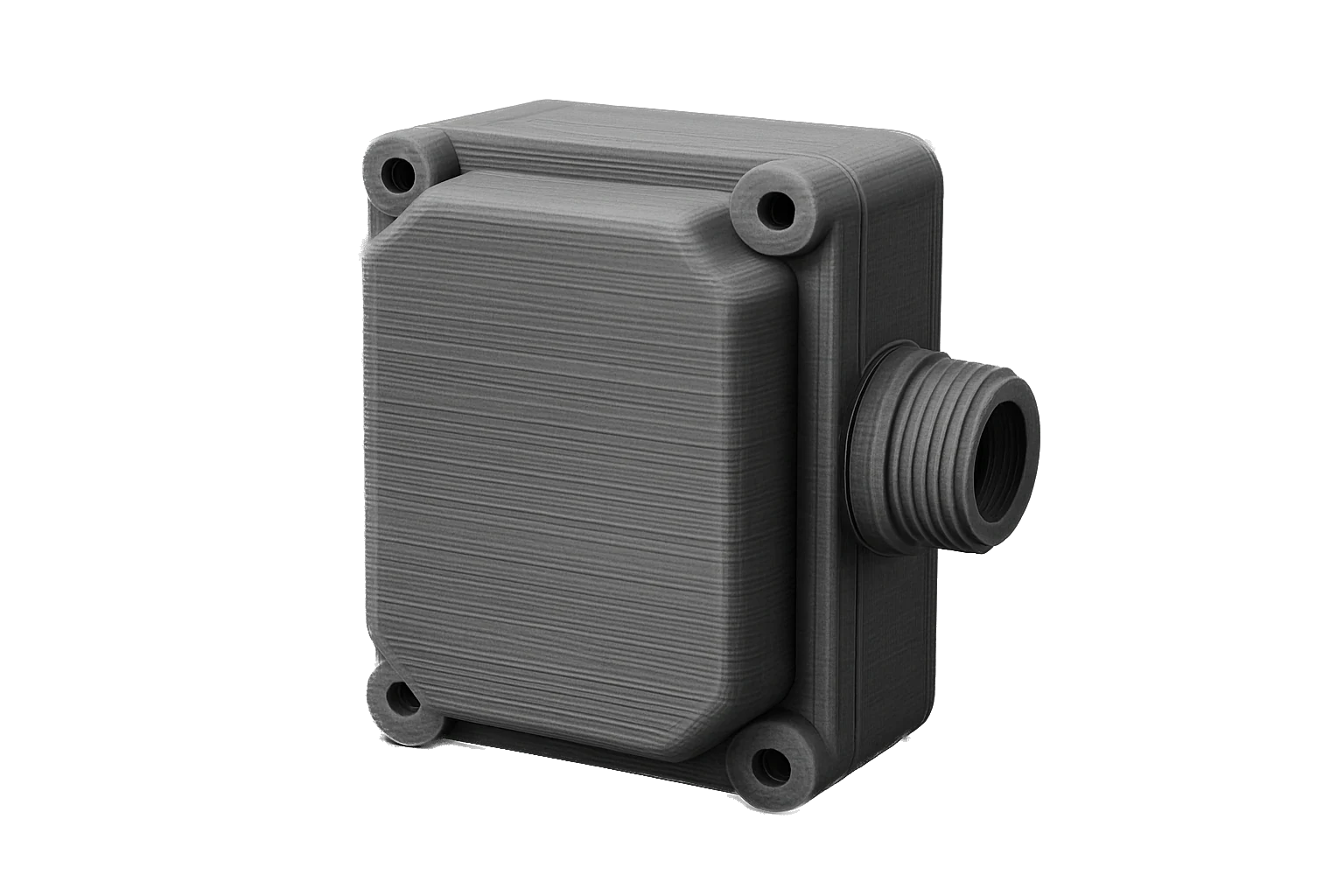 A weatherproof outdoor electrical enclosure 3D-printed in black Rev1 ASA