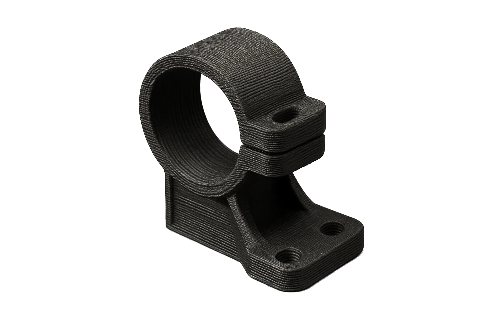 An outdoor equipment mounting bracket 3D-printed in black Rev1 ASA