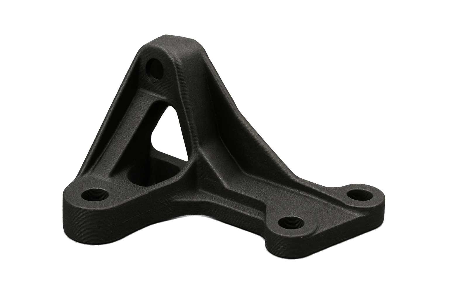 An automotive exterior structural mounting bracket 3D-printed in carbon fiber matte-black Rev1 ASA-CF