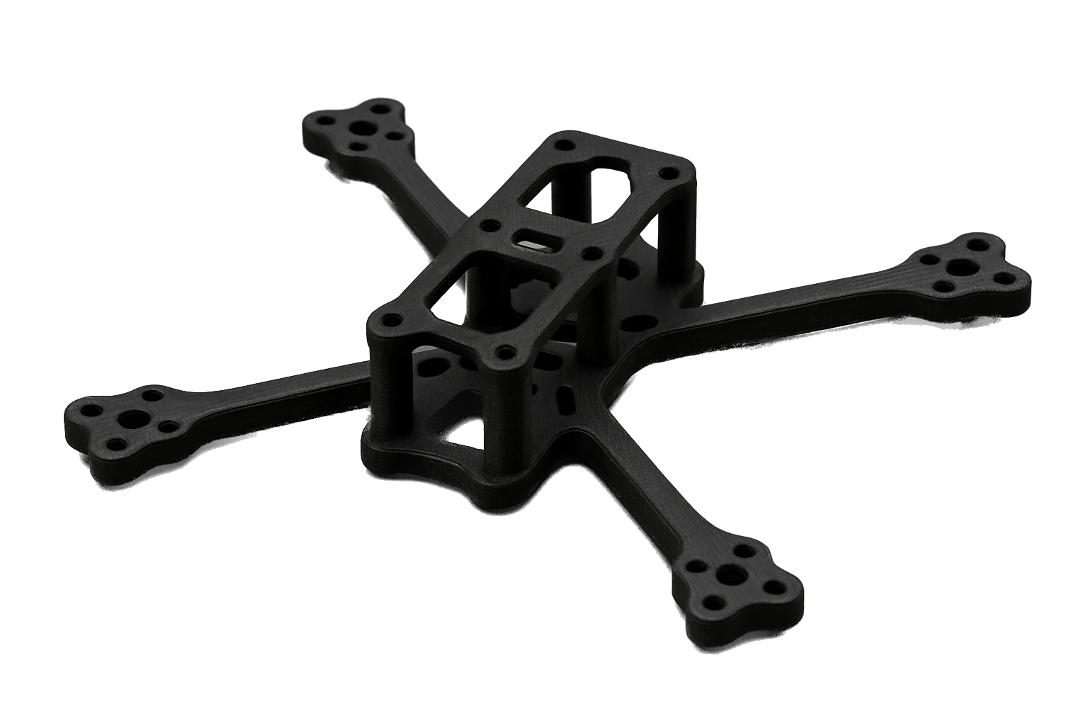 A structural drone / UAV quadcopter frame 3D-printed in carbon fiber matte-black Rev1 ASA-CF