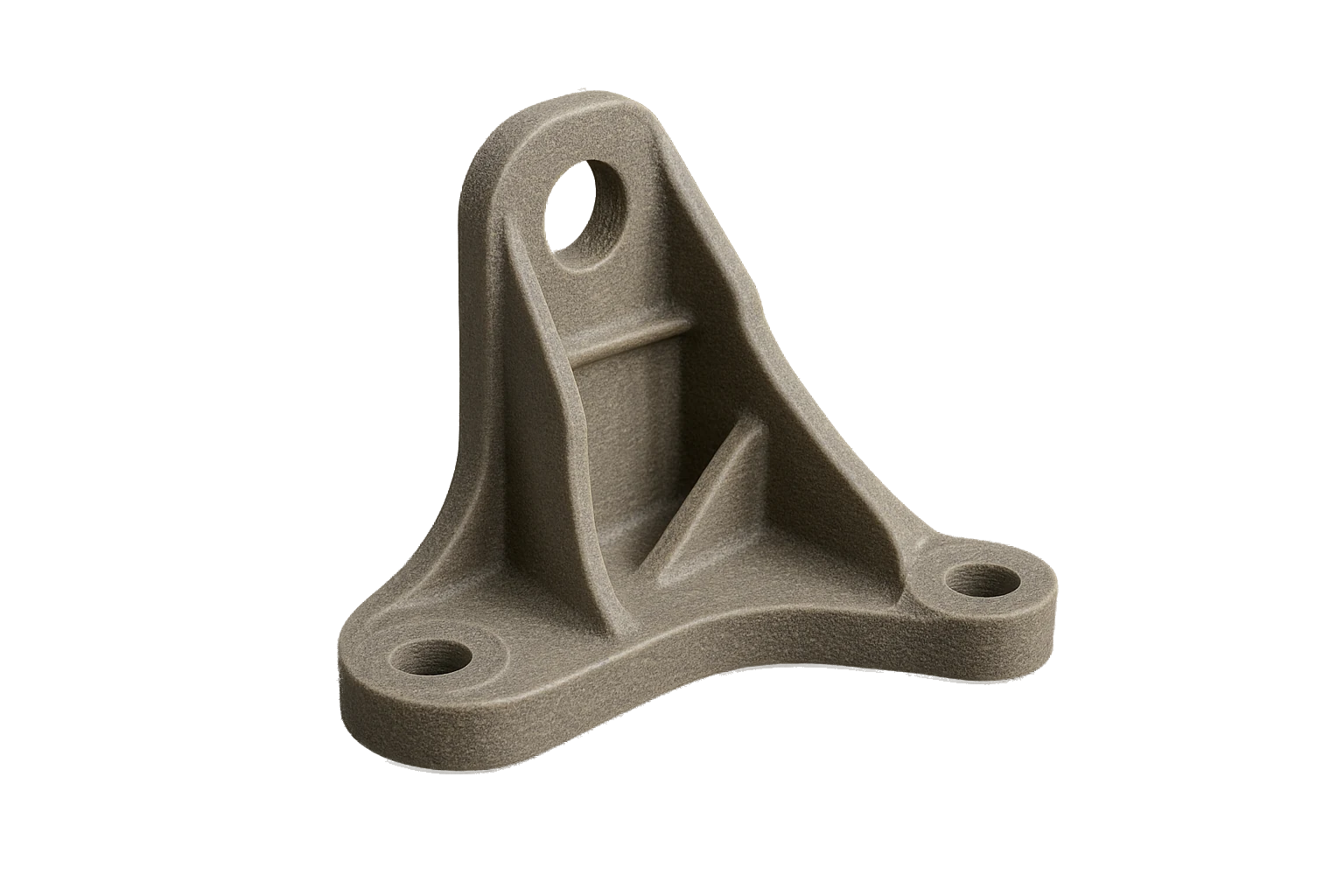 An automotive exterior structural mounting bracket 3D-printed in natural grey-tan Rev1 ASA-GF glass-fiber filament