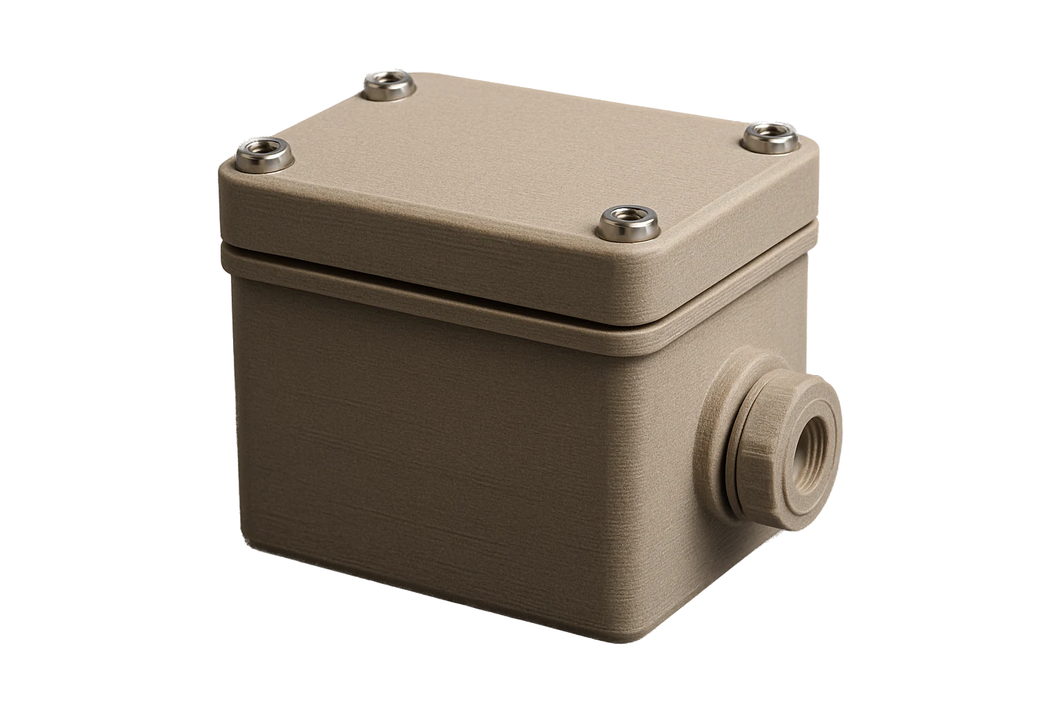 A weatherproof outdoor electronics enclosure 3D-printed in natural grey-tan Rev1 ASA-GF glass-fiber filament