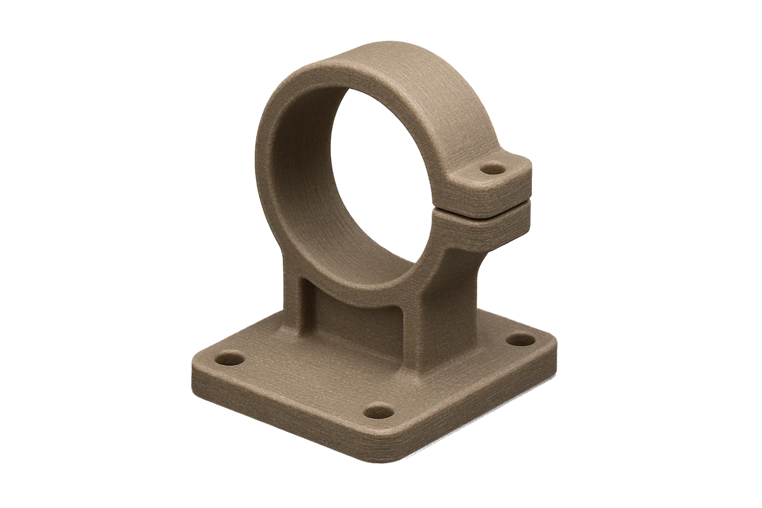 An outdoor equipment mounting bracket 3D-printed in natural grey-tan Rev1 ASA-GF glass-fiber filament