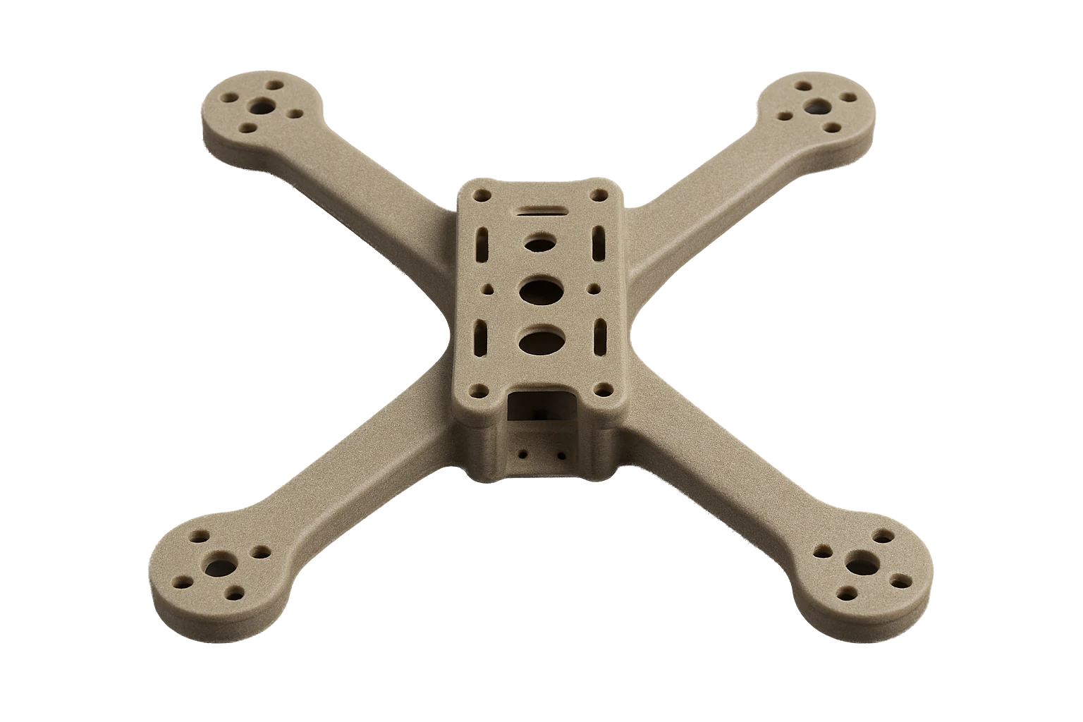 A structural drone / UAV quadcopter frame 3D-printed in natural grey-tan Rev1 ASA-GF glass-fiber filament