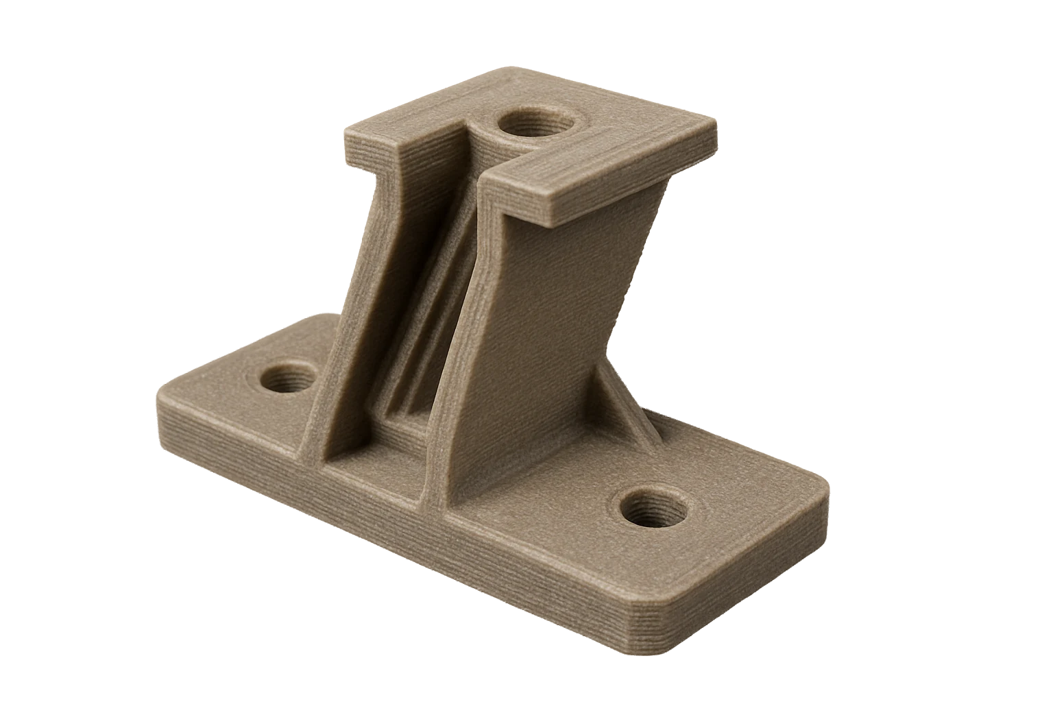 A rooftop solar-panel mounting bracket 3D-printed in natural grey-tan Rev1 ASA-GF glass-fiber filament