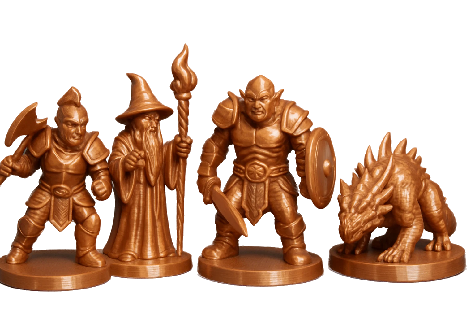Display miniatures 3D-printed in glossy dual-tone silk PLA (Rev1 PLA Dual Silk)