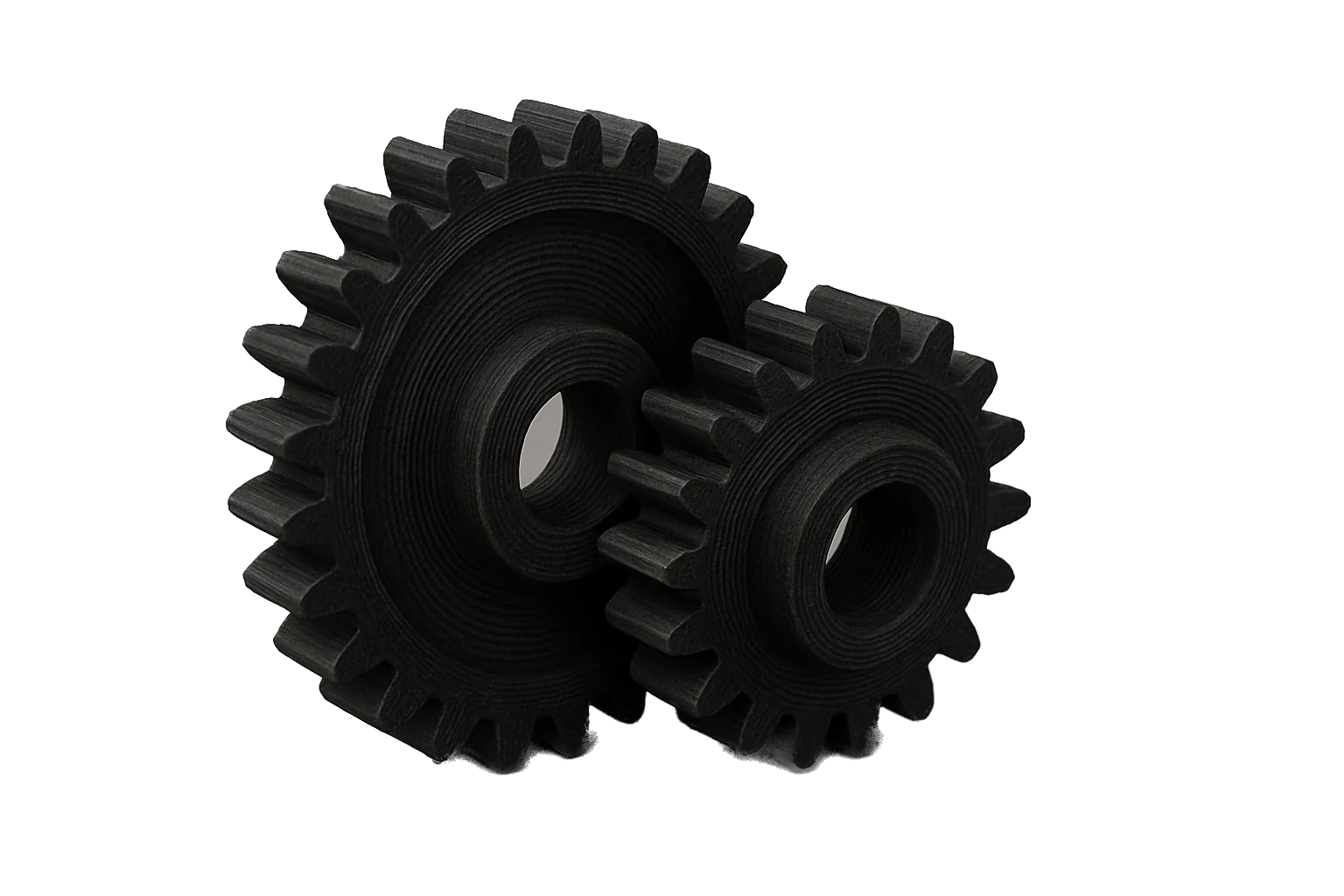 A set of meshing mechanical gears 3D-printed in black Rev1 PA Nylon