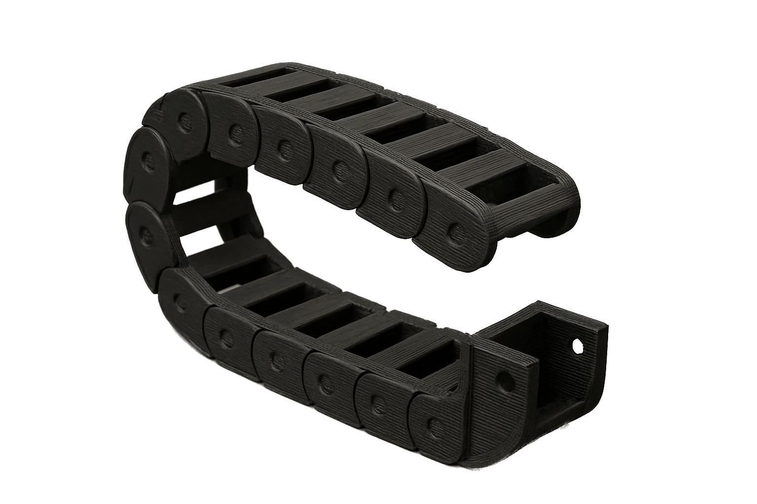 An industrial cable drag chain / cable carrier 3D-printed in black Rev1 PA Nylon