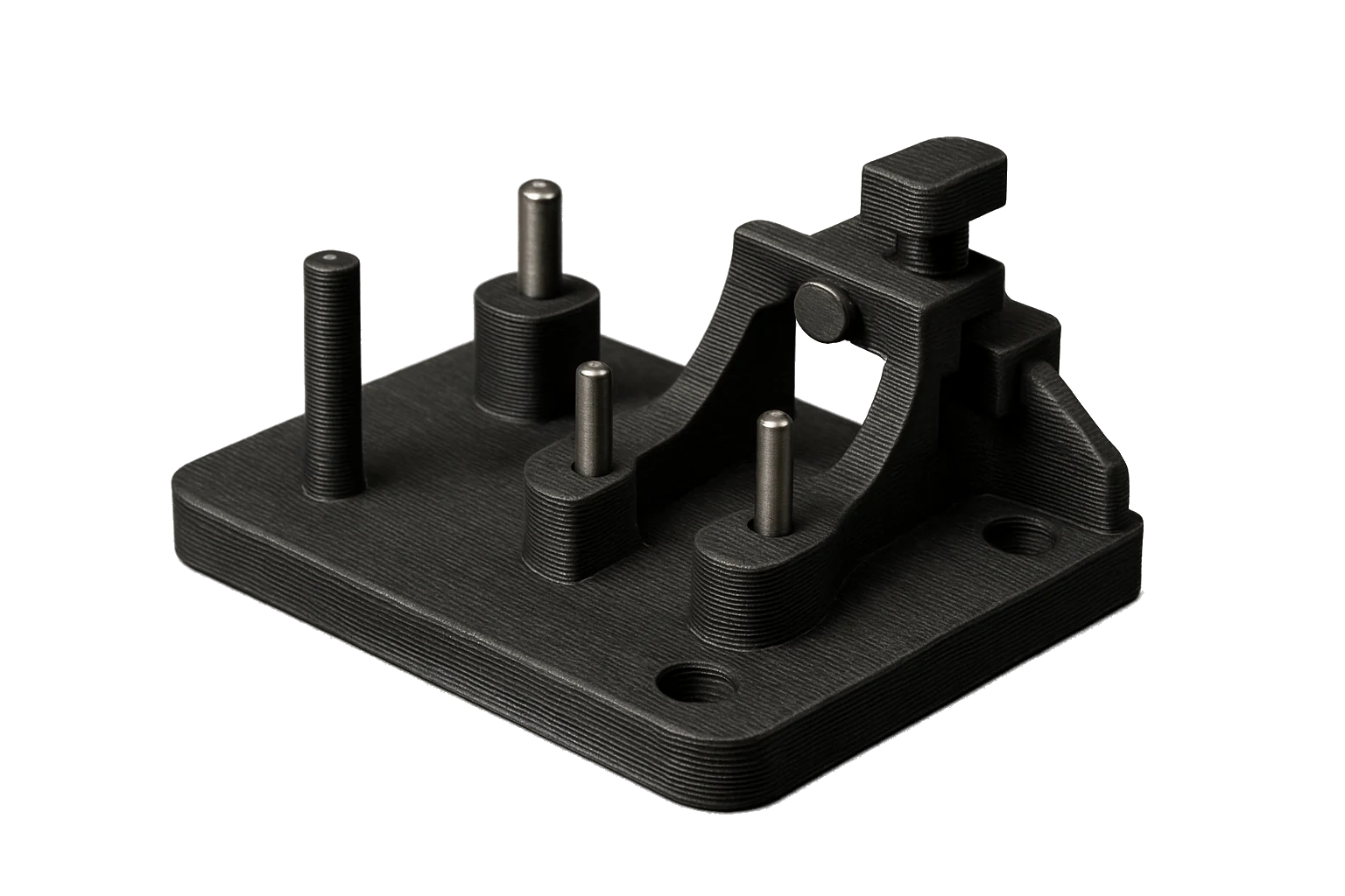 A precision tooling jig / fixture 3D-printed in black Rev1 PA Nylon