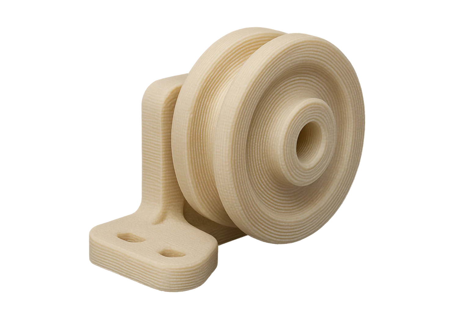 A durable pulley and bracket 3D-printed in black Rev1 PA Nylon