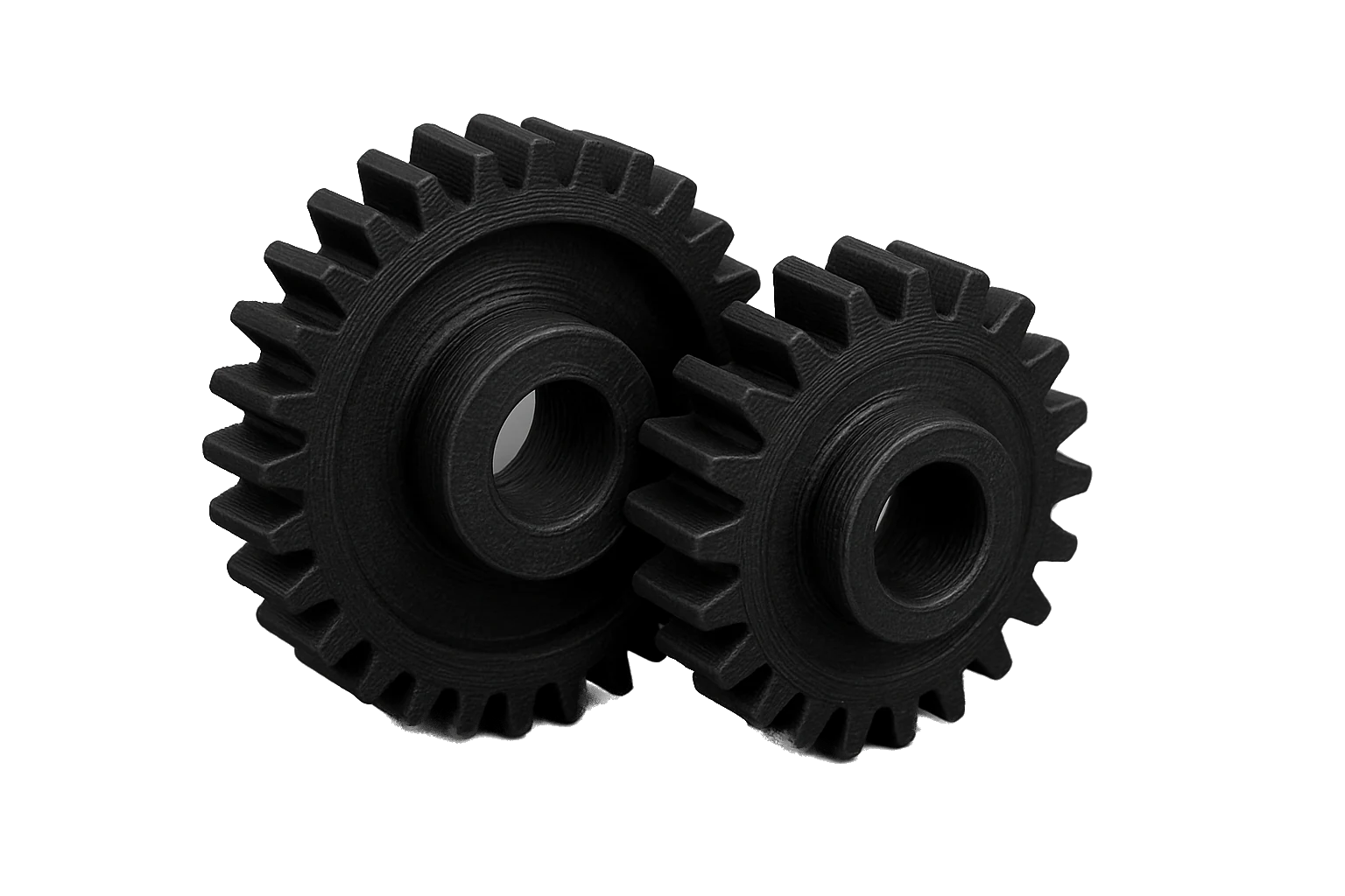 A set of meshing mechanical gears 3D-printed in black Rev1 PA12 Nylon