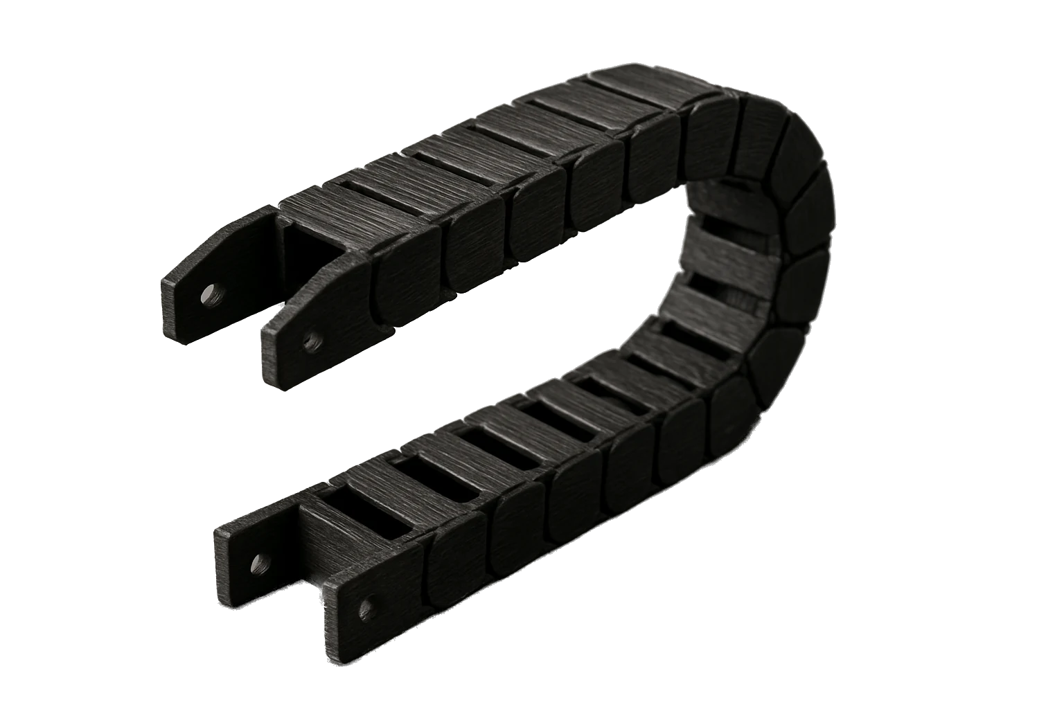 An industrial cable drag chain / cable carrier 3D-printed in black Rev1 PA12 Nylon