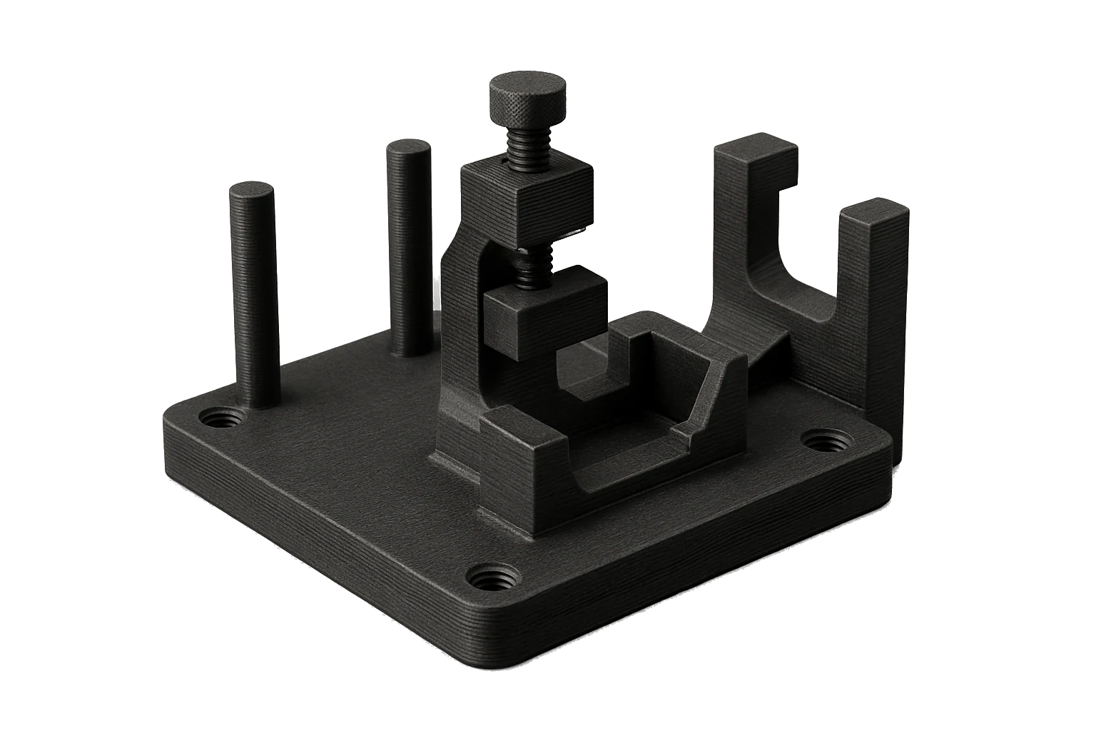 A precision tooling jig / fixture 3D-printed in black Rev1 PA12 Nylon