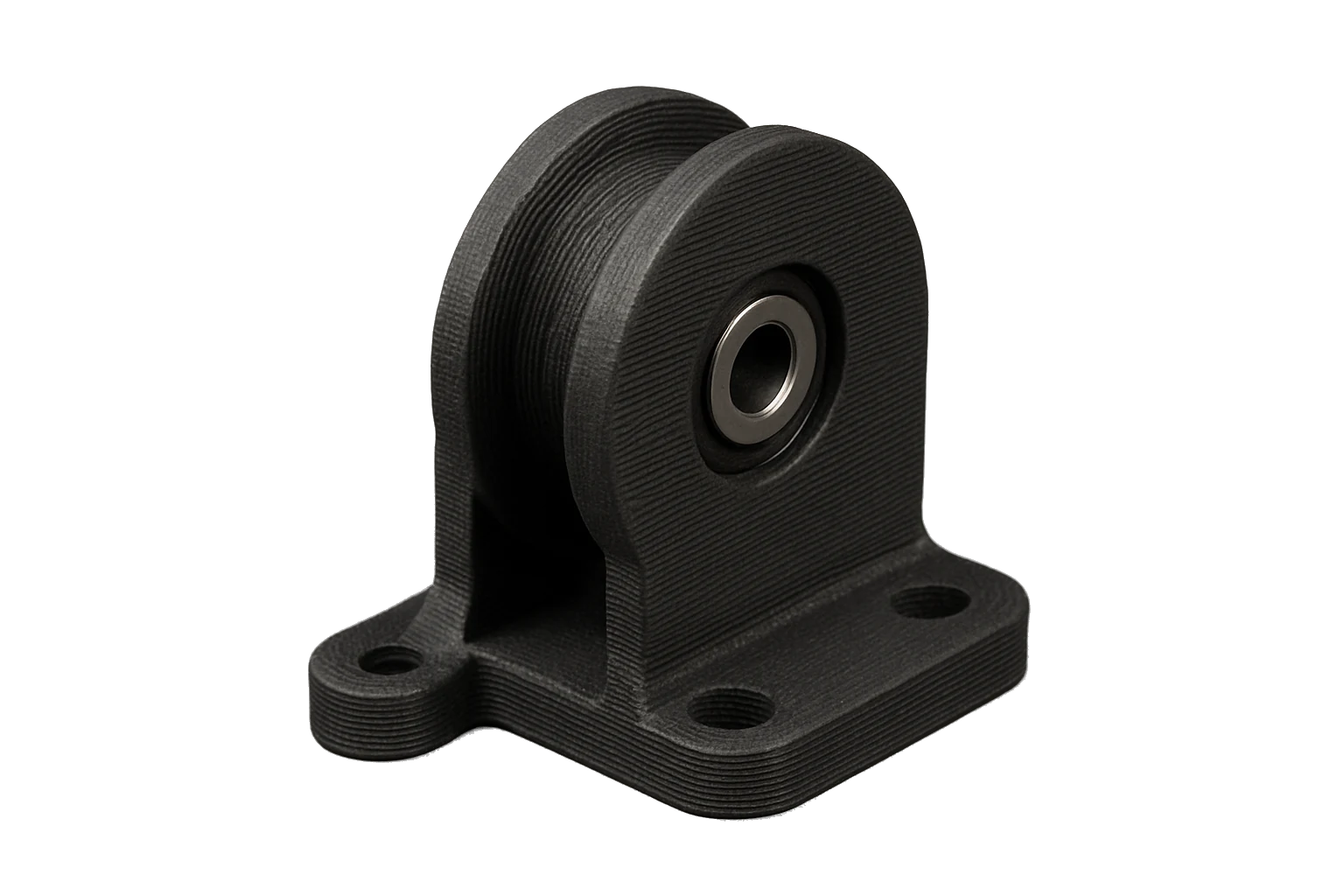A durable pulley and bracket 3D-printed in black Rev1 PA12 Nylon