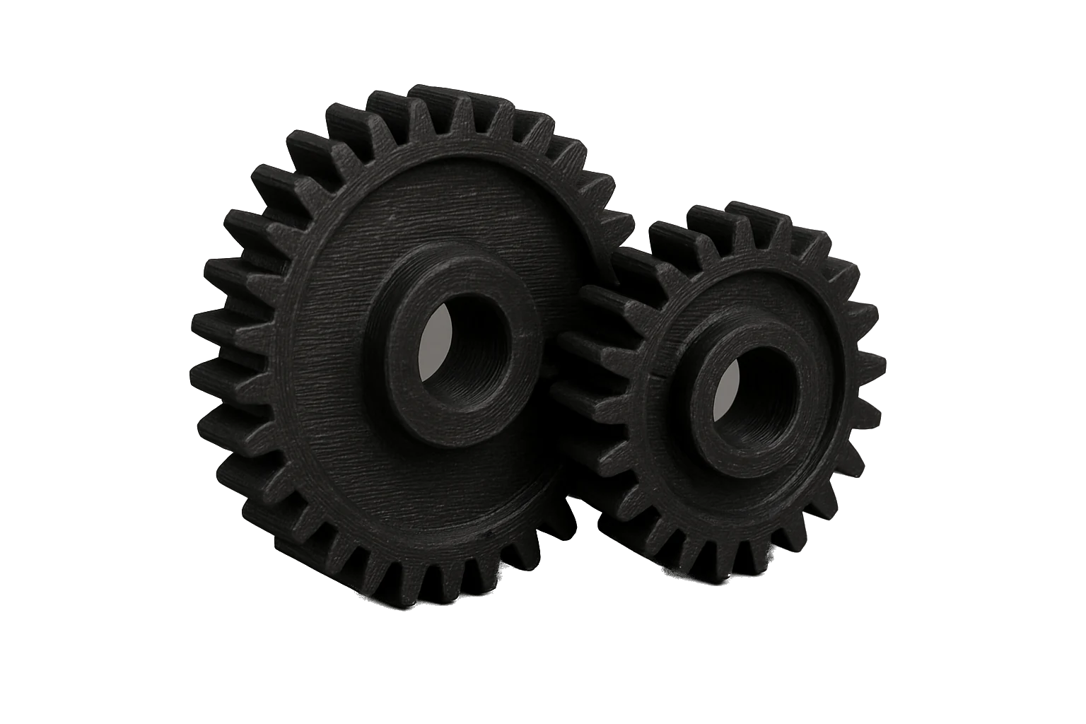 A set of meshing mechanical gears 3D-printed in Rev1 PA12-CF Carbon Fiber Nylon