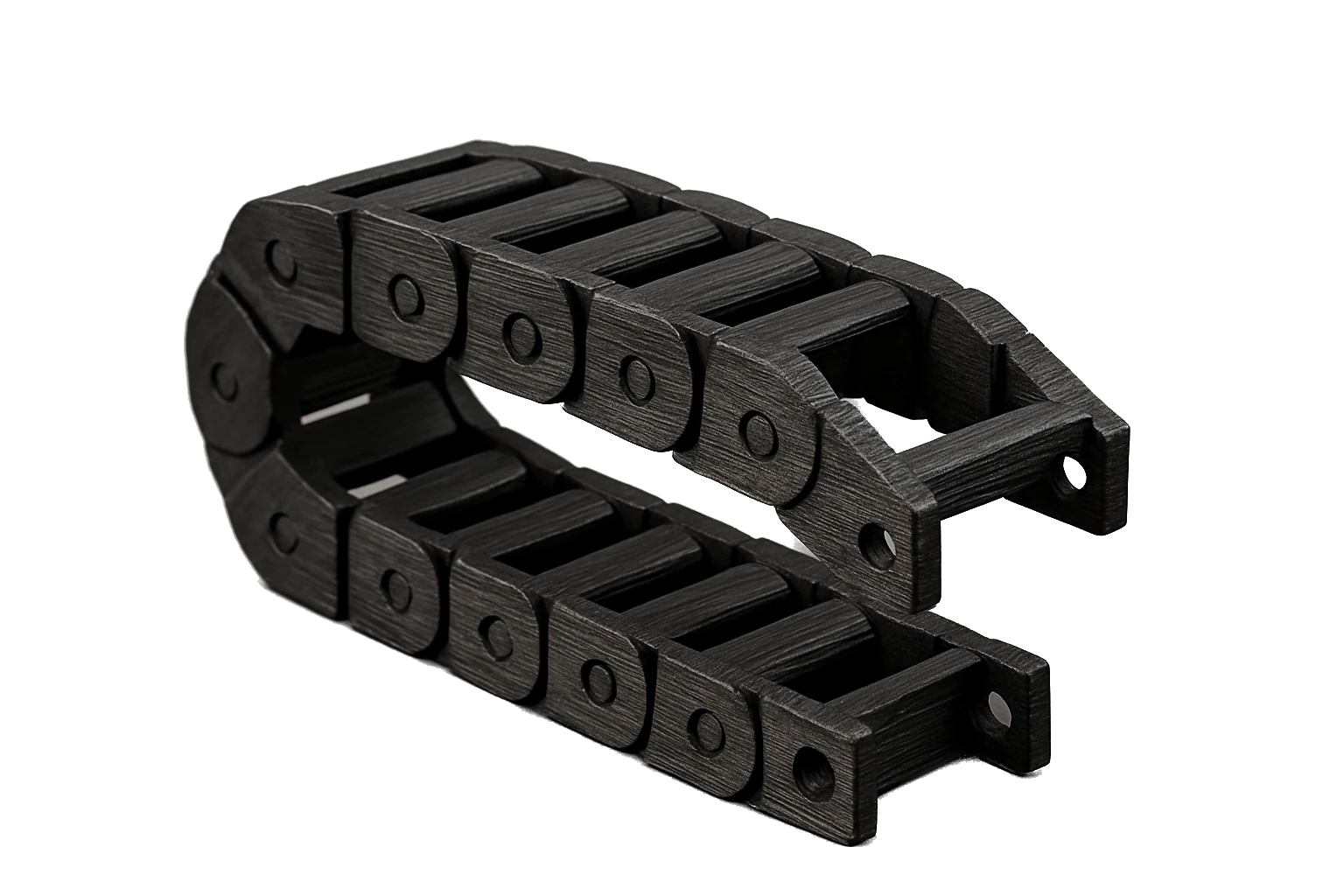 An industrial cable drag chain / cable carrier 3D-printed in Rev1 PA12-CF Carbon Fiber Nylon