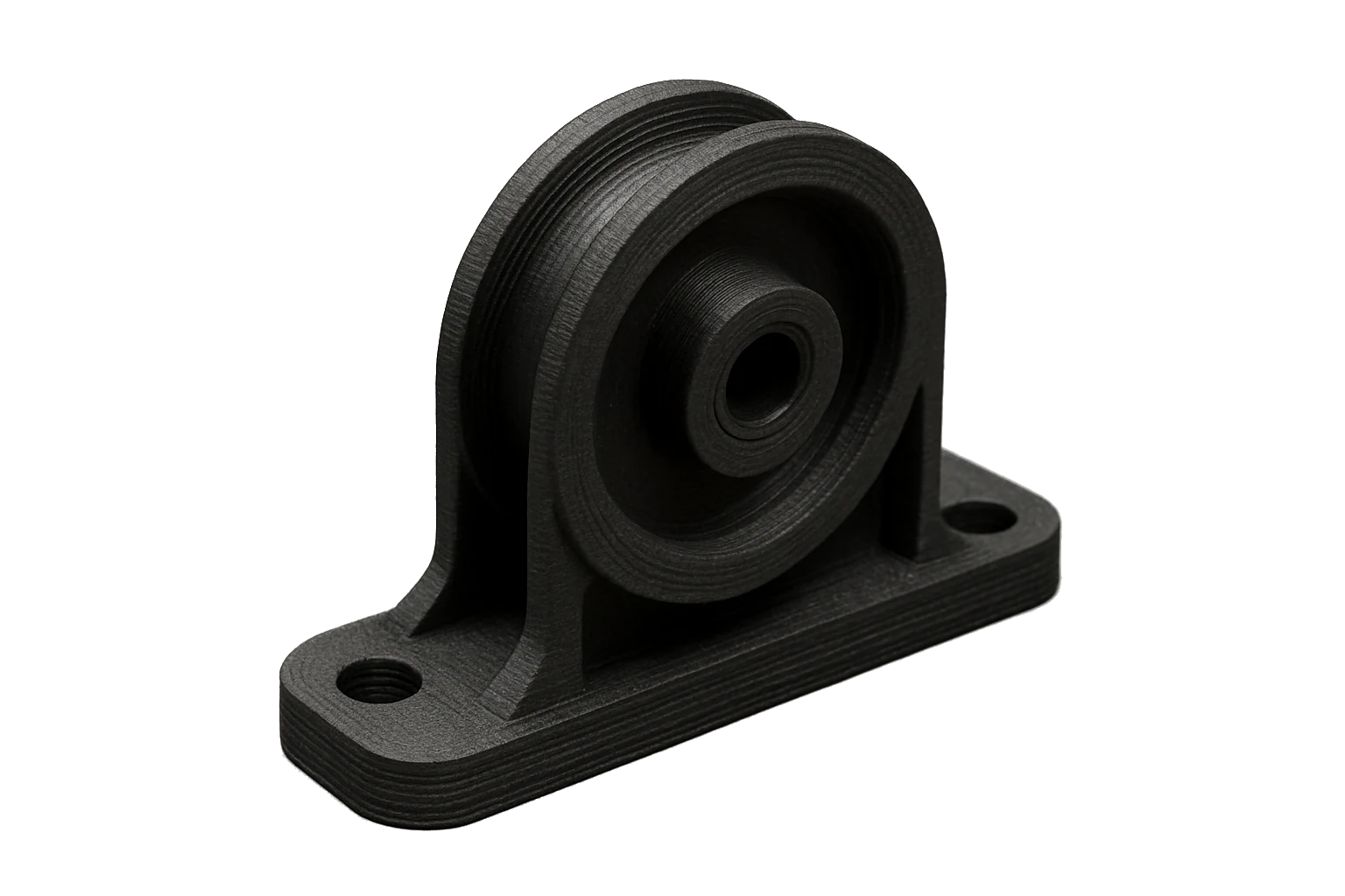 A durable pulley and bracket 3D-printed in Rev1 PA12-CF Carbon Fiber Nylon