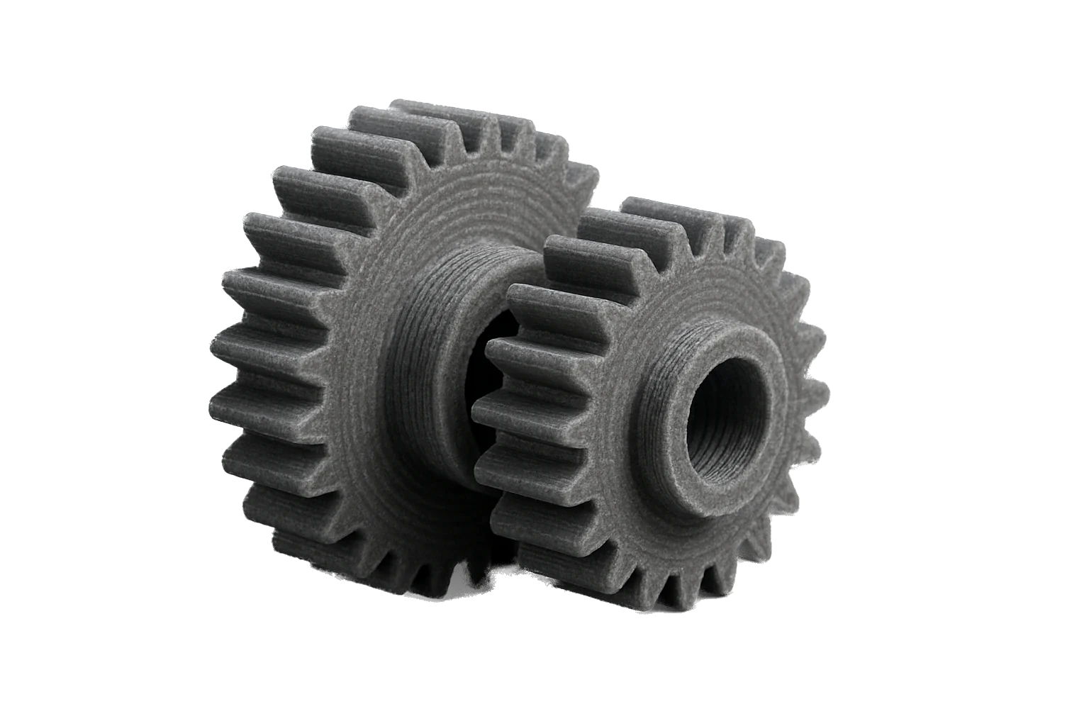 A set of meshing mechanical gears 3D-printed in black Rev1 PA6-GF Glass Fiber Nylon