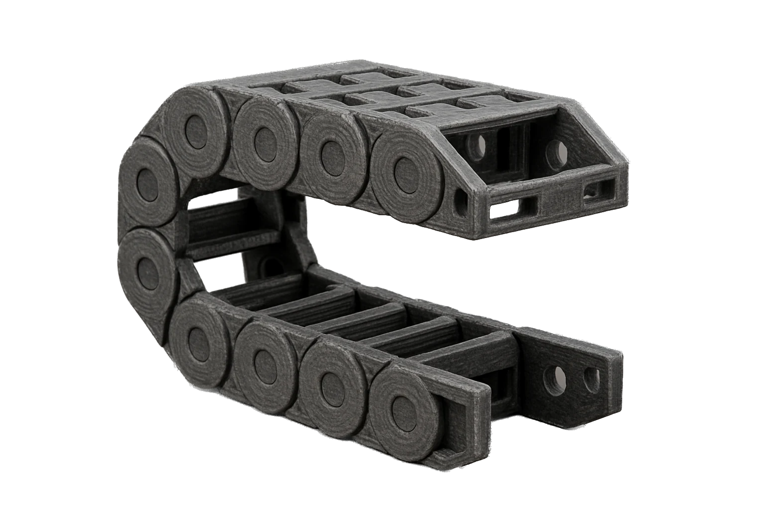 An industrial cable drag chain / cable carrier 3D-printed in black Rev1 PA6-GF Glass Fiber Nylon