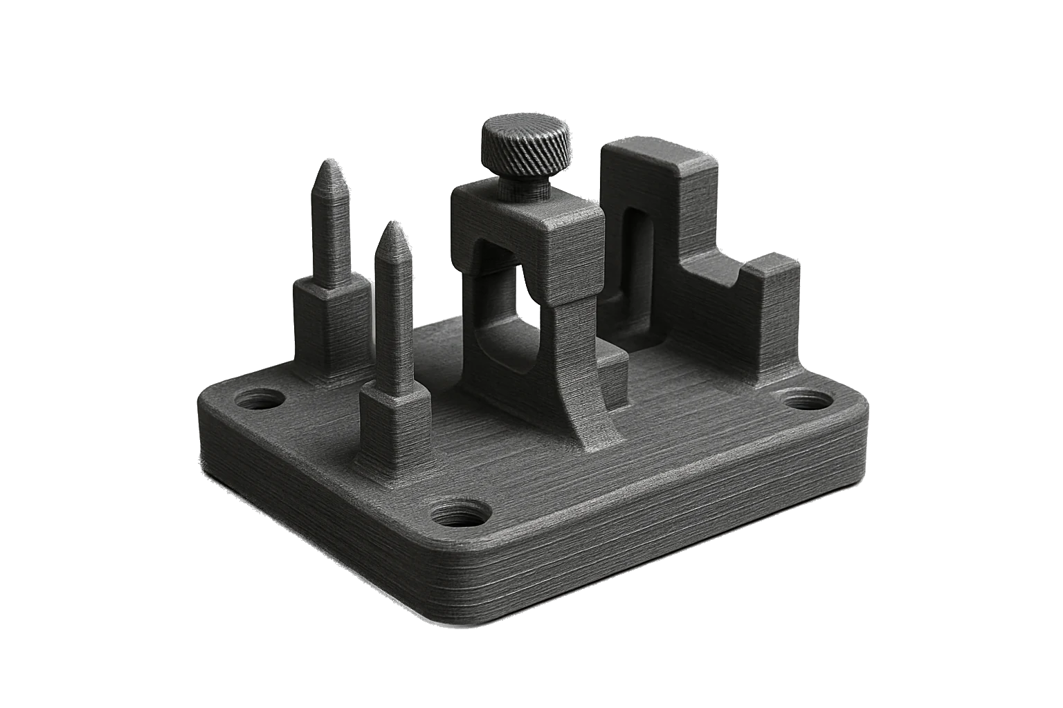 A precision tooling jig / fixture 3D-printed in black Rev1 PA6-GF Glass Fiber Nylon