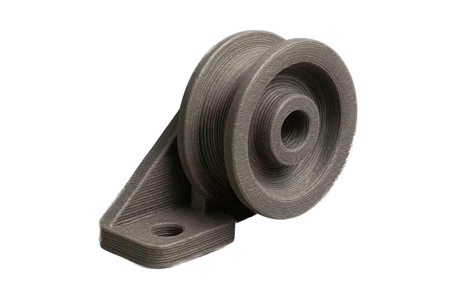 A durable pulley and bracket 3D-printed in black Rev1 PA6-GF Glass Fiber Nylon