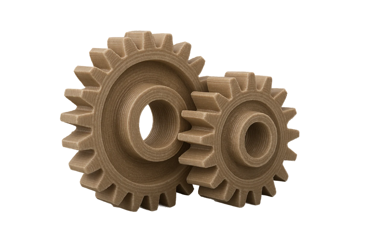 A set of meshing mechanical gears 3D-printed in black Rev1 PA-GF Glass Fiber Nylon