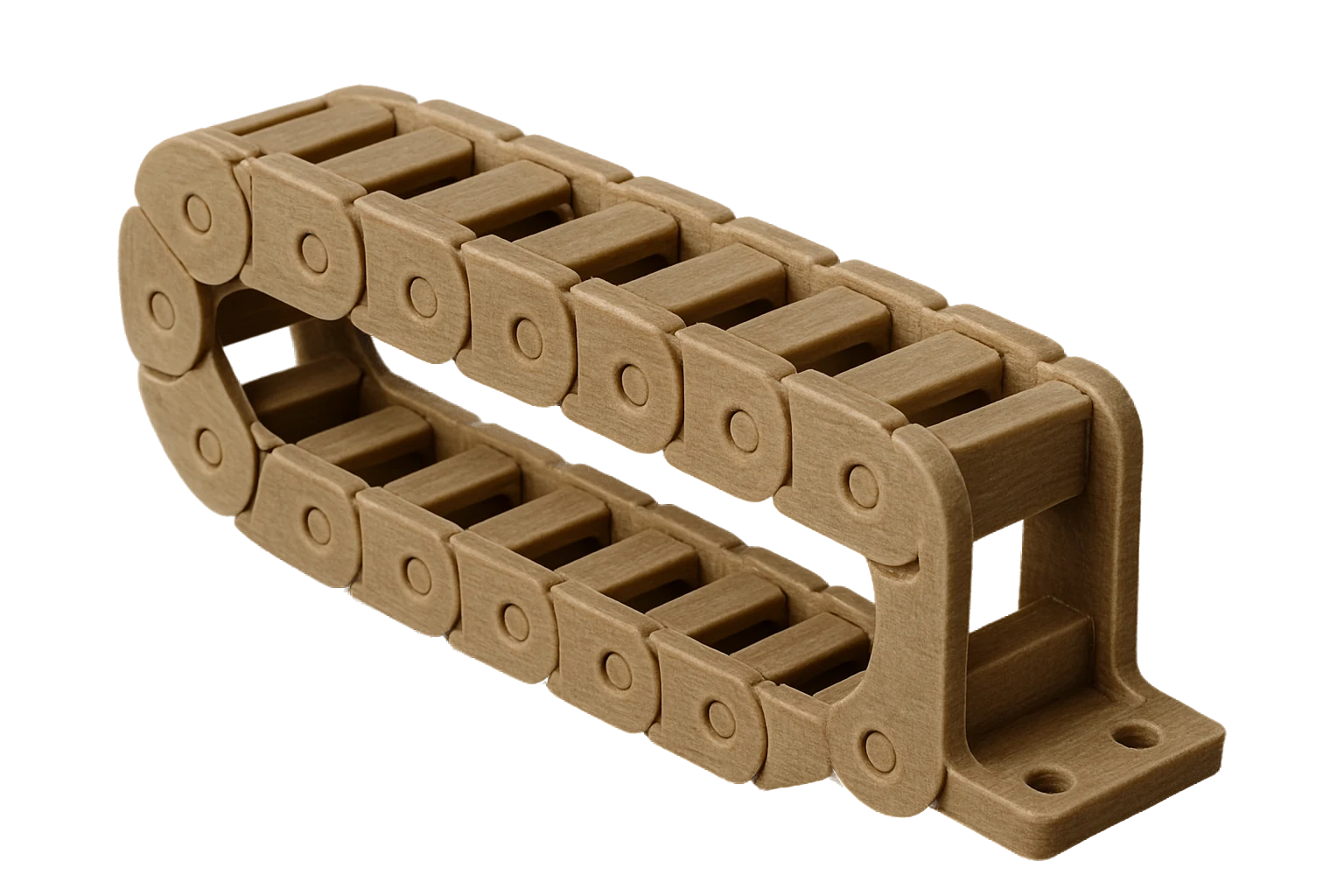 An industrial cable drag chain / cable carrier 3D-printed in black Rev1 PA-GF Glass Fiber Nylon