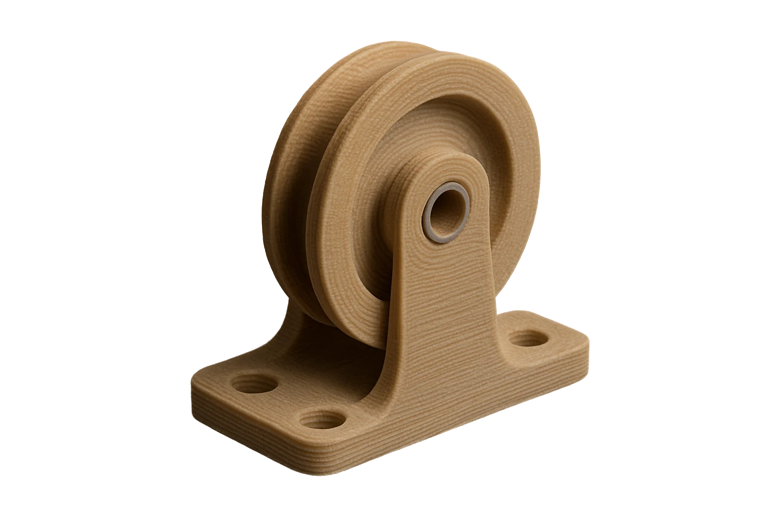A durable pulley and bracket 3D-printed in black Rev1 PA-GF Glass Fiber Nylon