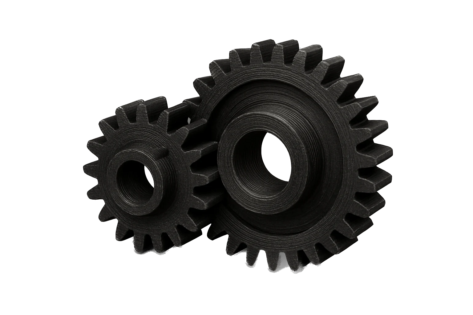 A set of meshing mechanical gears 3D-printed in Rev1 PAHT-CF High-Temp Carbon Fiber Nylon