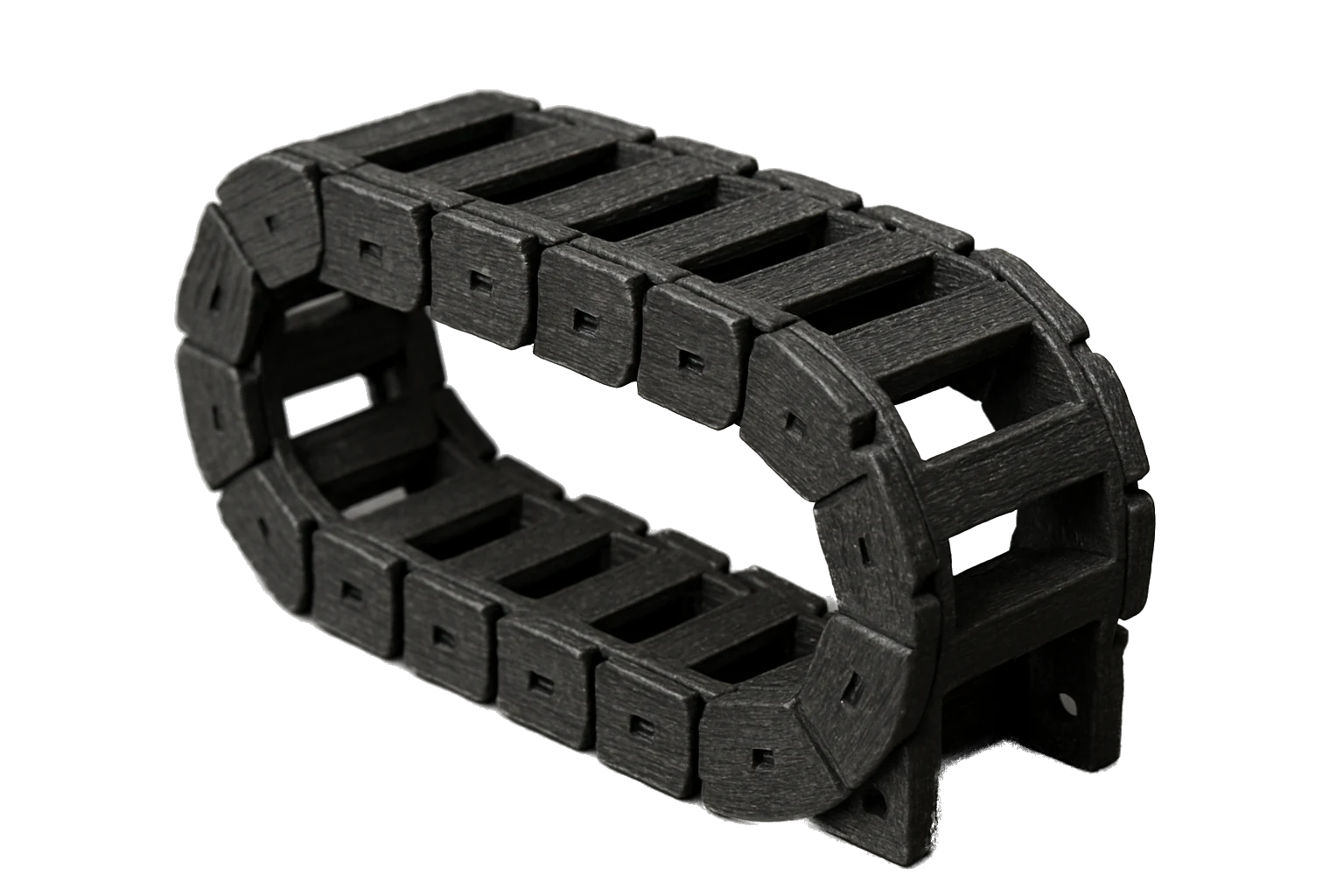 An industrial cable drag chain / cable carrier 3D-printed in Rev1 PAHT-CF High-Temp Carbon Fiber Nylon