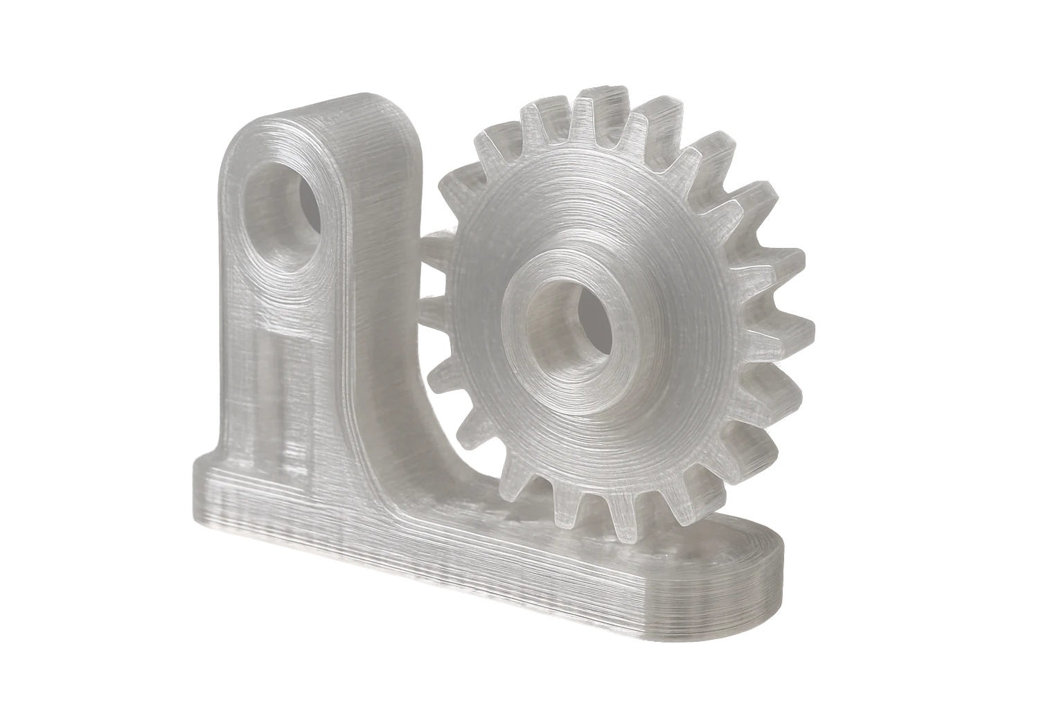 A clear transparent gear and mechanical part 3D-printed in Rev1 PC polycarbonate